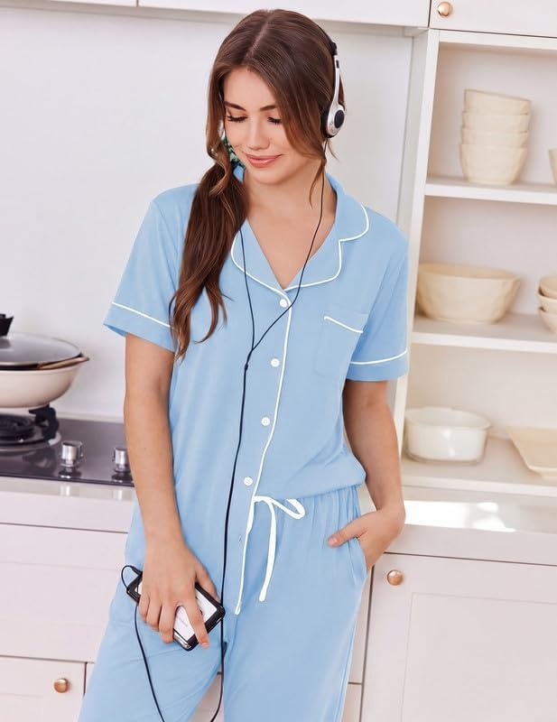 image:imageEkouaer Women Pajama Set Short Sleeve Button Down Pjs with Jogger PantsLight Blue