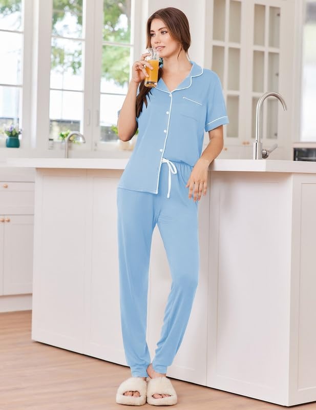 image:imageEkouaer Women Pajama Set Short Sleeve Button Down Pjs with Jogger PantsLight Blue