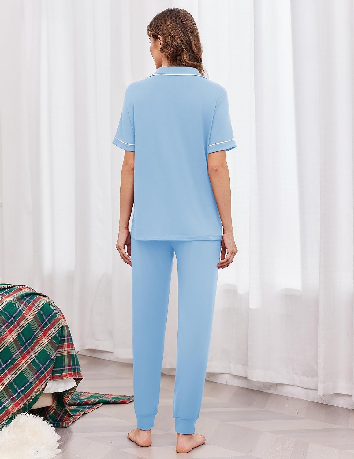 image:imageEkouaer Women Pajama Set Short Sleeve Button Down Pjs with Jogger PantsLight Blue