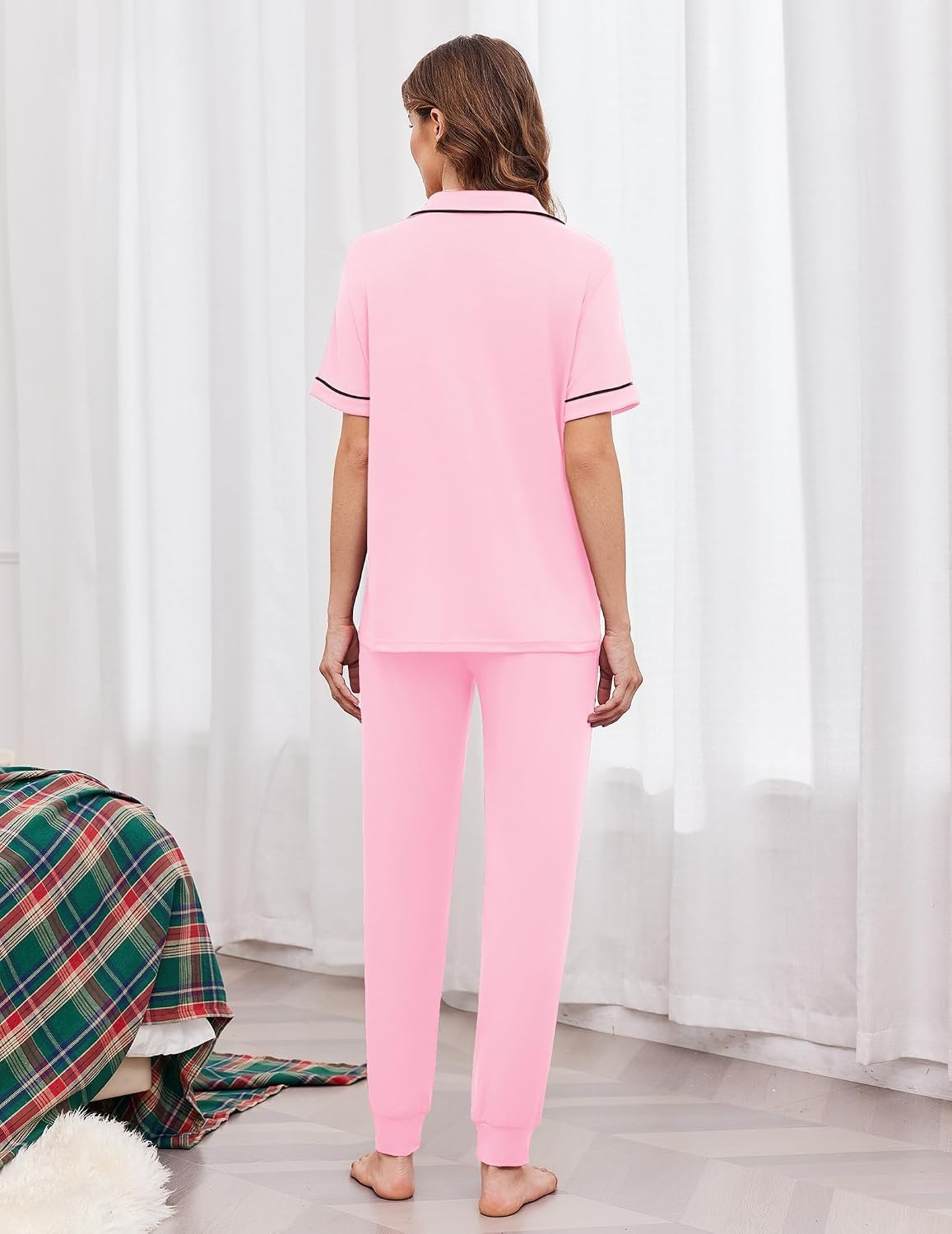 image:imageEkouaer Women Pajama Set Short Sleeve Button Down Pjs with Jogger PantsPink