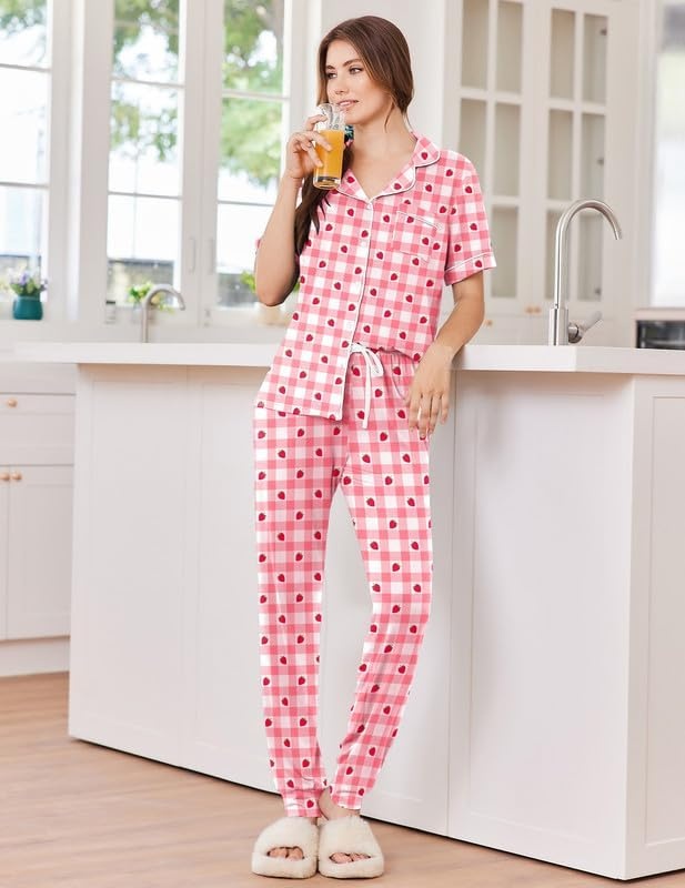 image:imageEkouaer Women Pajama Set Short Sleeve Button Down Pjs with Jogger PantsPink Plaid