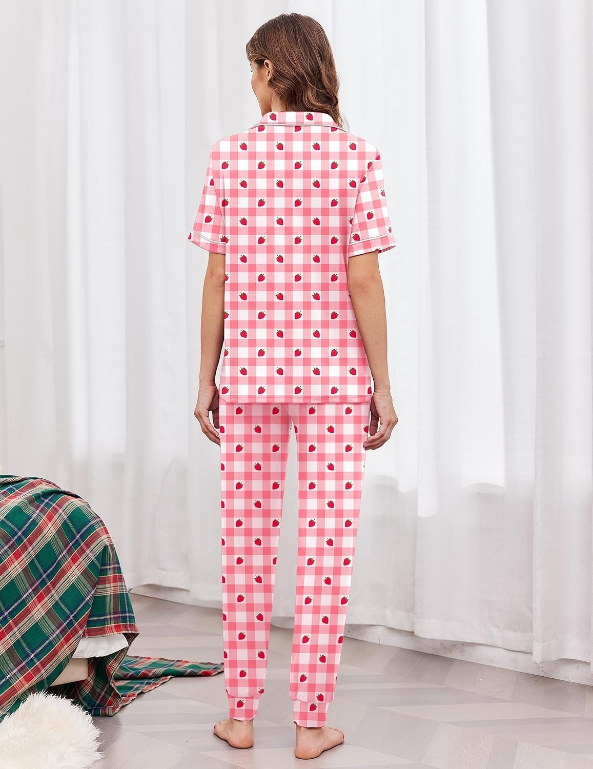 image:imageEkouaer Women Pajama Set Short Sleeve Button Down Pjs with Jogger PantsPink Plaid