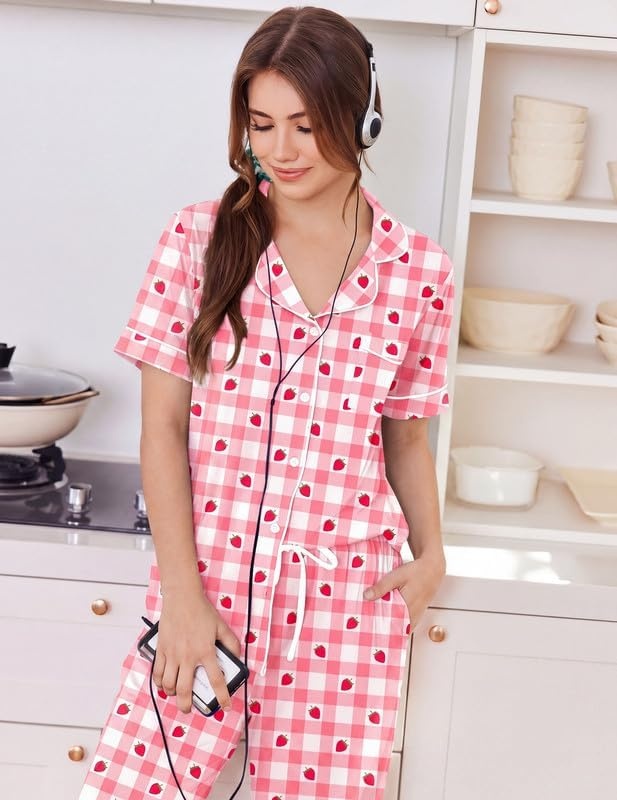 image:imageEkouaer Women Pajama Set Short Sleeve Button Down Pjs with Jogger PantsPink Plaid