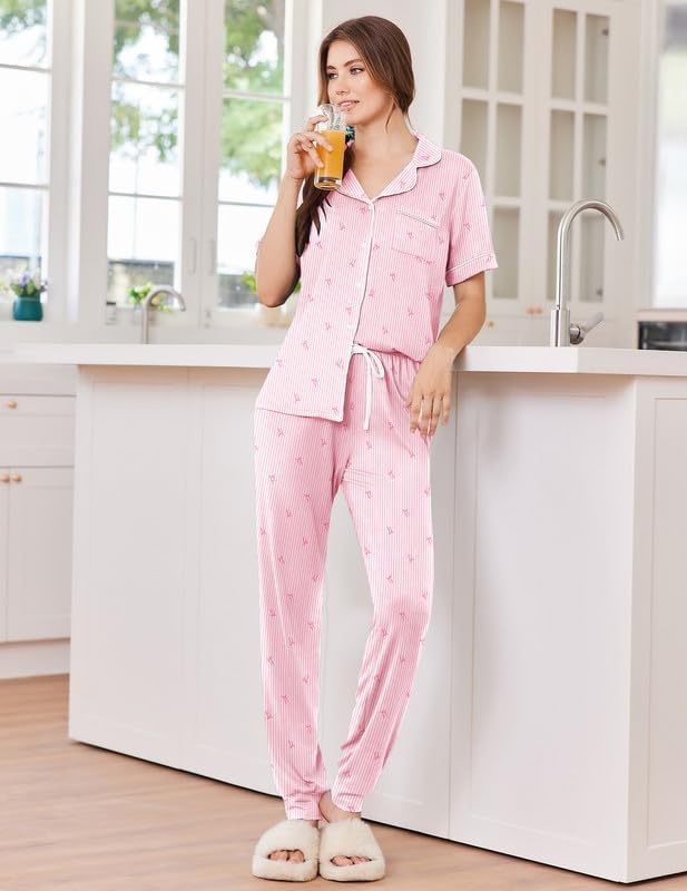 image:imageEkouaer Women Pajama Set Short Sleeve Button Down Pjs with Jogger PantsPink Stripe Bow