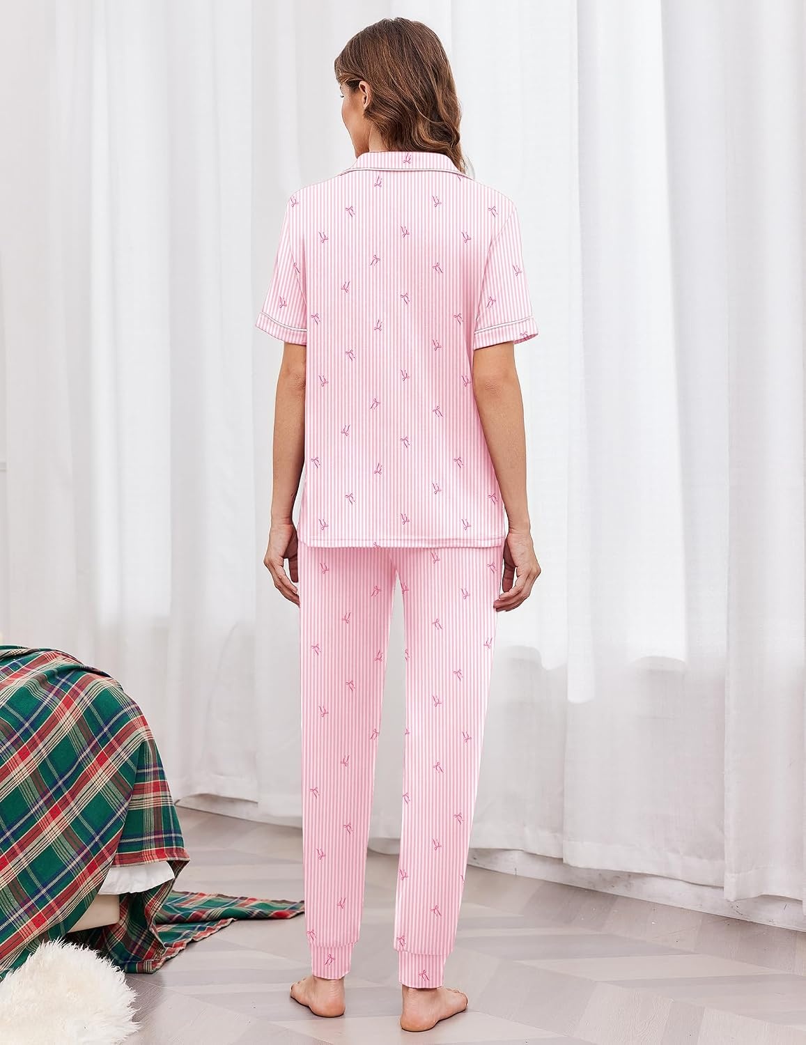 image:imageEkouaer Women Pajama Set Short Sleeve Button Down Pjs with Jogger PantsPink Stripe Bow