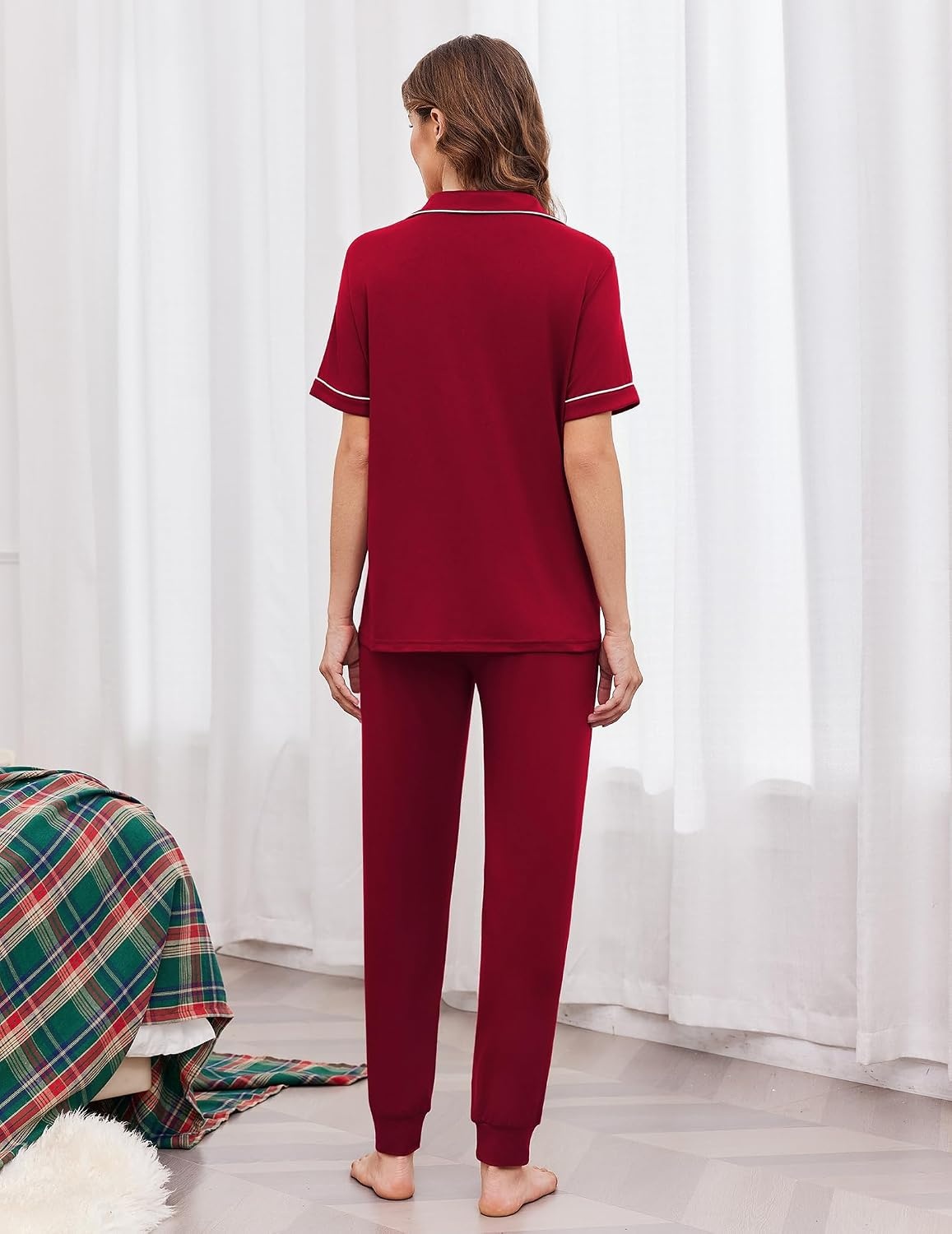 image:imageEkouaer Women Pajama Set Short Sleeve Button Down Pjs with Jogger PantsWine Red