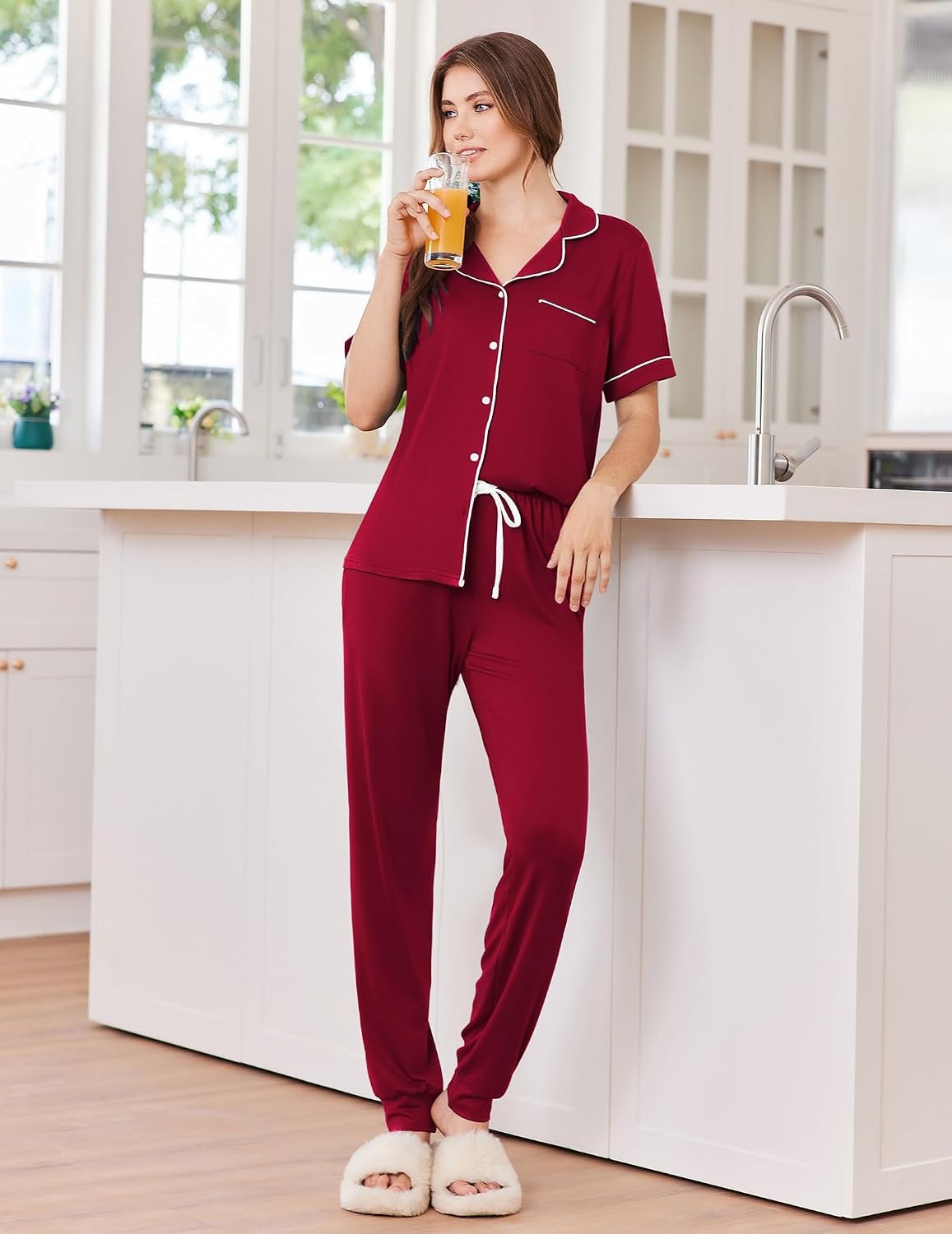 image:imageEkouaer Women Pajama Set Short Sleeve Button Down Pjs with Jogger PantsWine Red