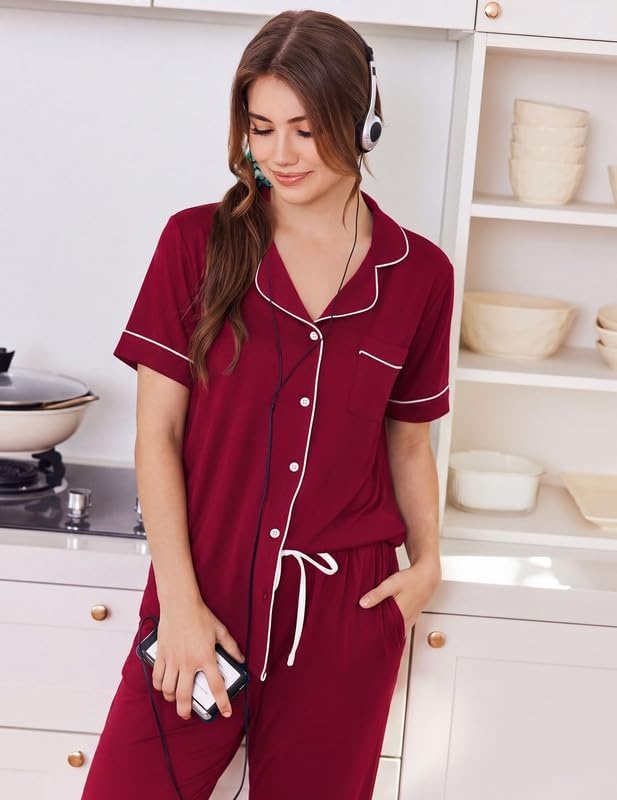 image:imageEkouaer Women Pajama Set Short Sleeve Button Down Pjs with Jogger PantsWine Red