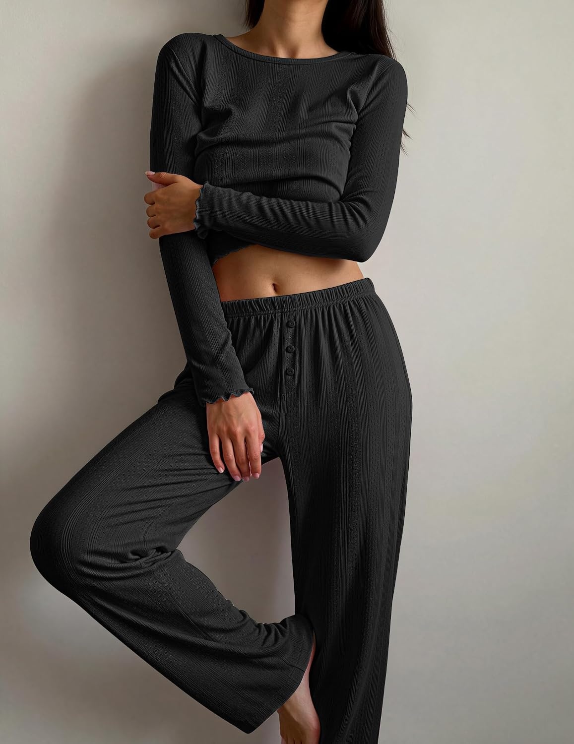 image:imageEkouaer Womens Long Sleeve Pajama Set Cozy 2 Piece PJS Matching SleepwearBlack
