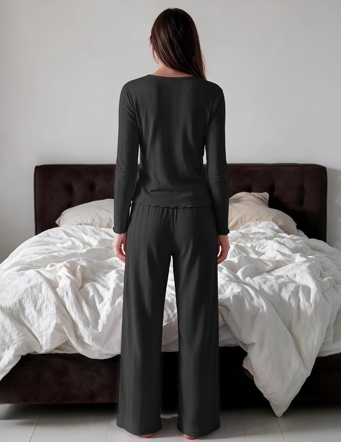 image:imageEkouaer Womens Long Sleeve Pajama Set Cozy 2 Piece PJS Matching SleepwearBlack