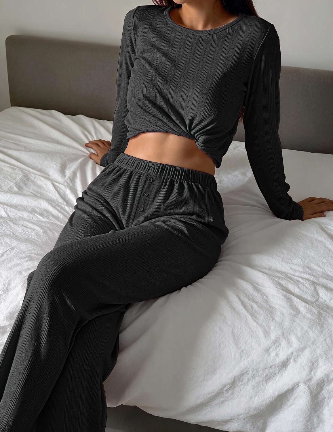 image:imageEkouaer Womens Long Sleeve Pajama Set Cozy 2 Piece PJS Matching SleepwearBlack