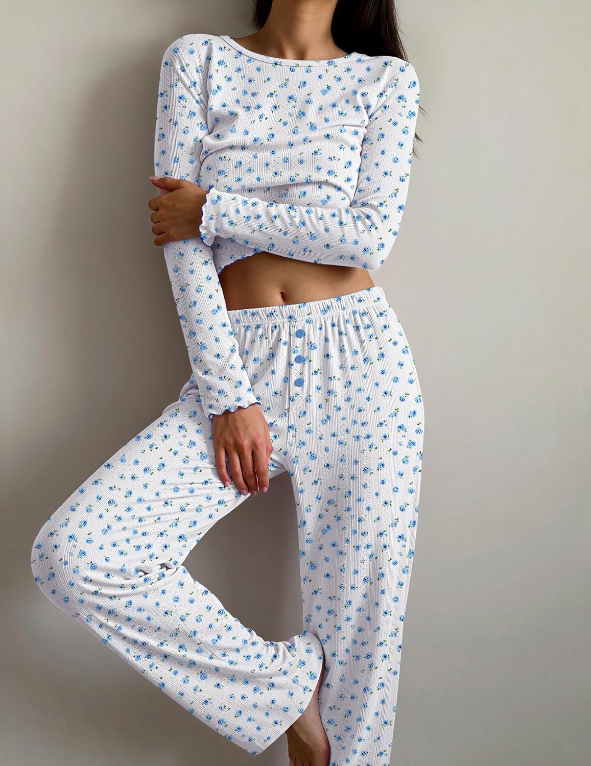 image:imageEkouaer Womens Long Sleeve Pajama Set Cozy 2 Piece PJS Matching SleepwearBlue Floral