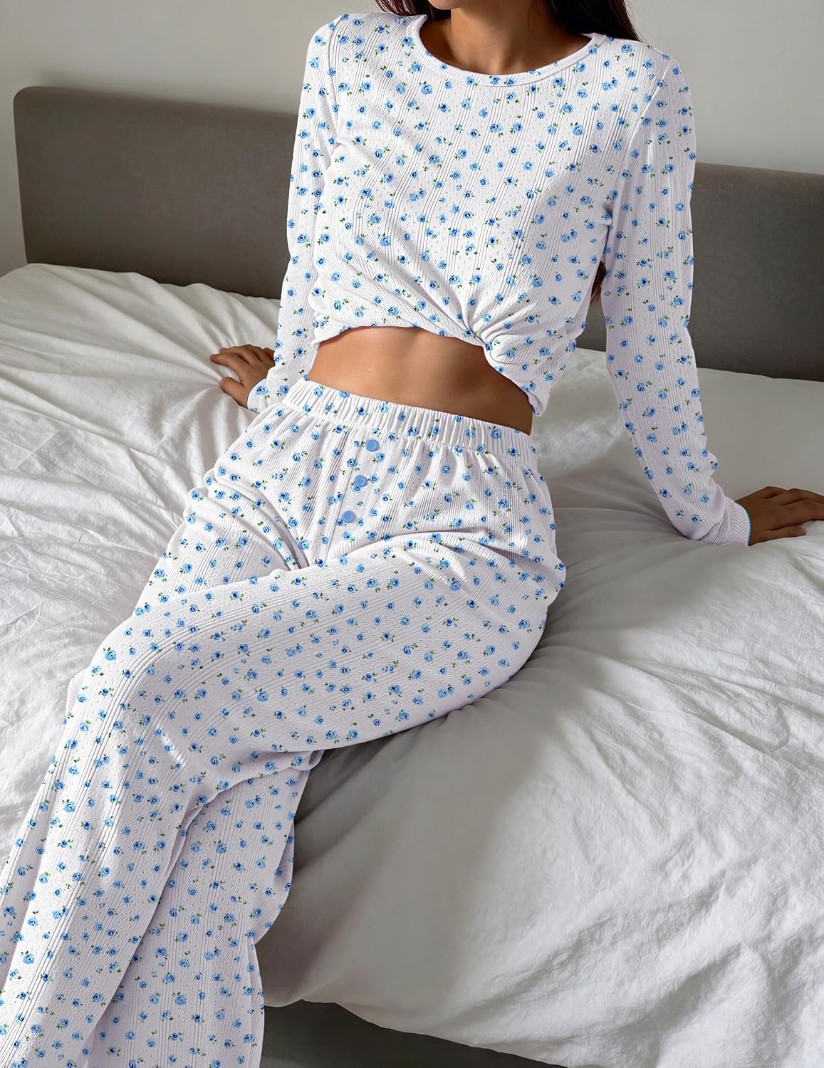 image:imageEkouaer Womens Long Sleeve Pajama Set Cozy 2 Piece PJS Matching SleepwearBlue Floral