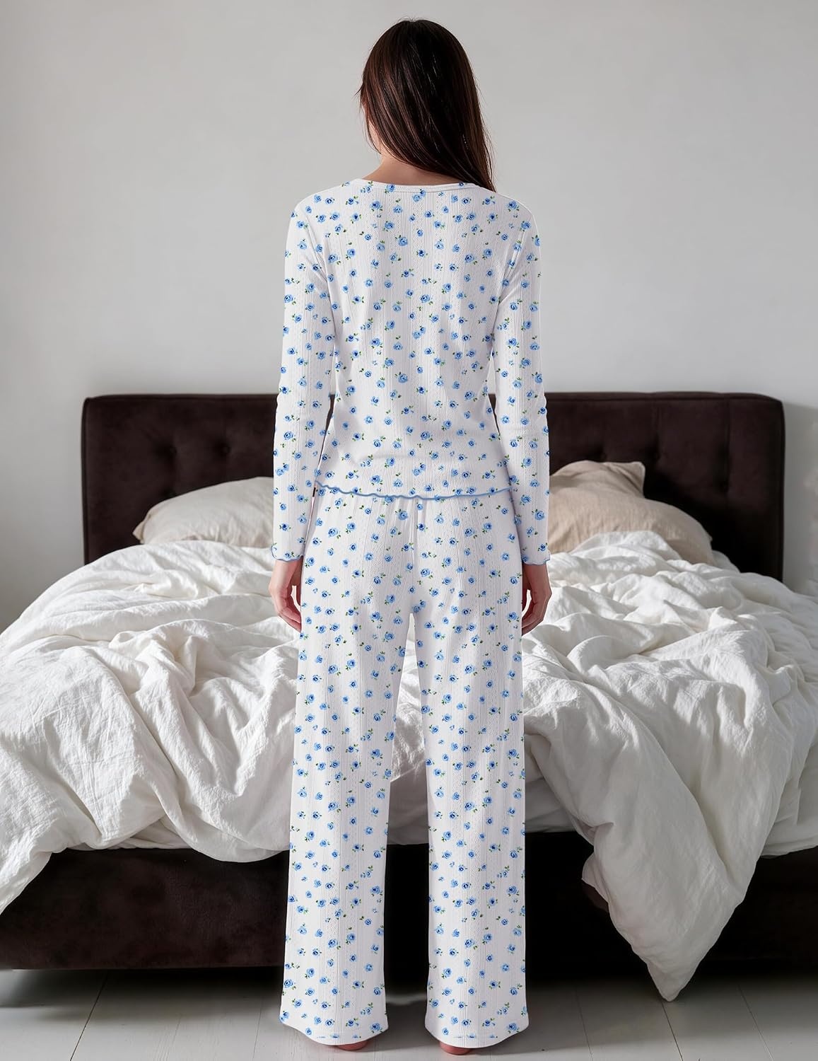 image:imageEkouaer Womens Long Sleeve Pajama Set Cozy 2 Piece PJS Matching SleepwearBlue Floral