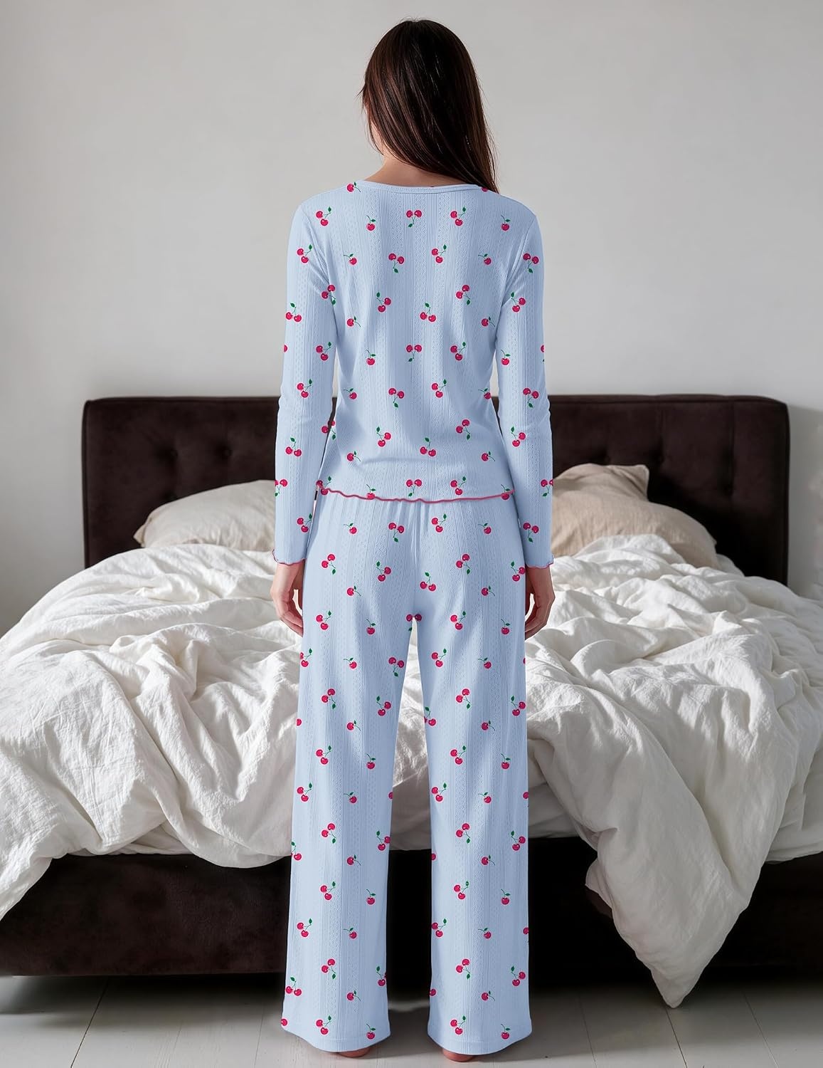 image:imageEkouaer Womens Long Sleeve Pajama Set Cozy 2 Piece PJS Matching SleepwearCherry Blue