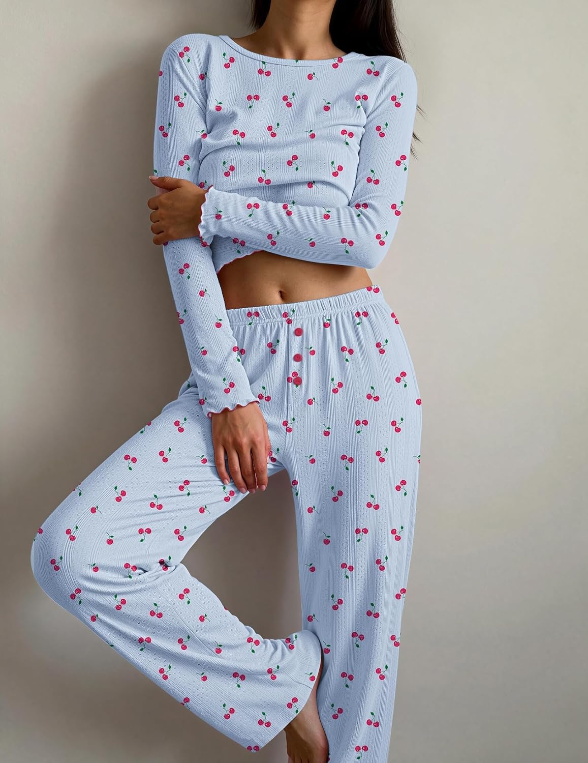 image:imageEkouaer Womens Long Sleeve Pajama Set Cozy 2 Piece PJS Matching SleepwearCherry Blue