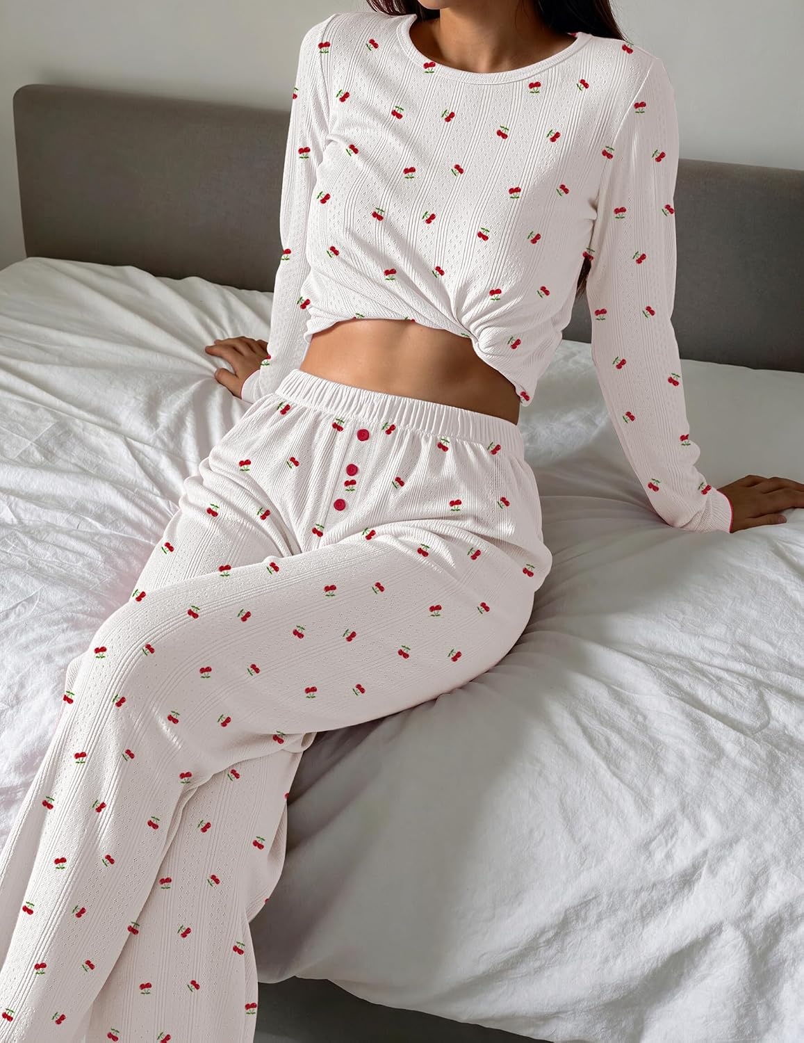 image:imageEkouaer Womens Long Sleeve Pajama Set Cozy 2 Piece PJS Matching SleepwearCherry White