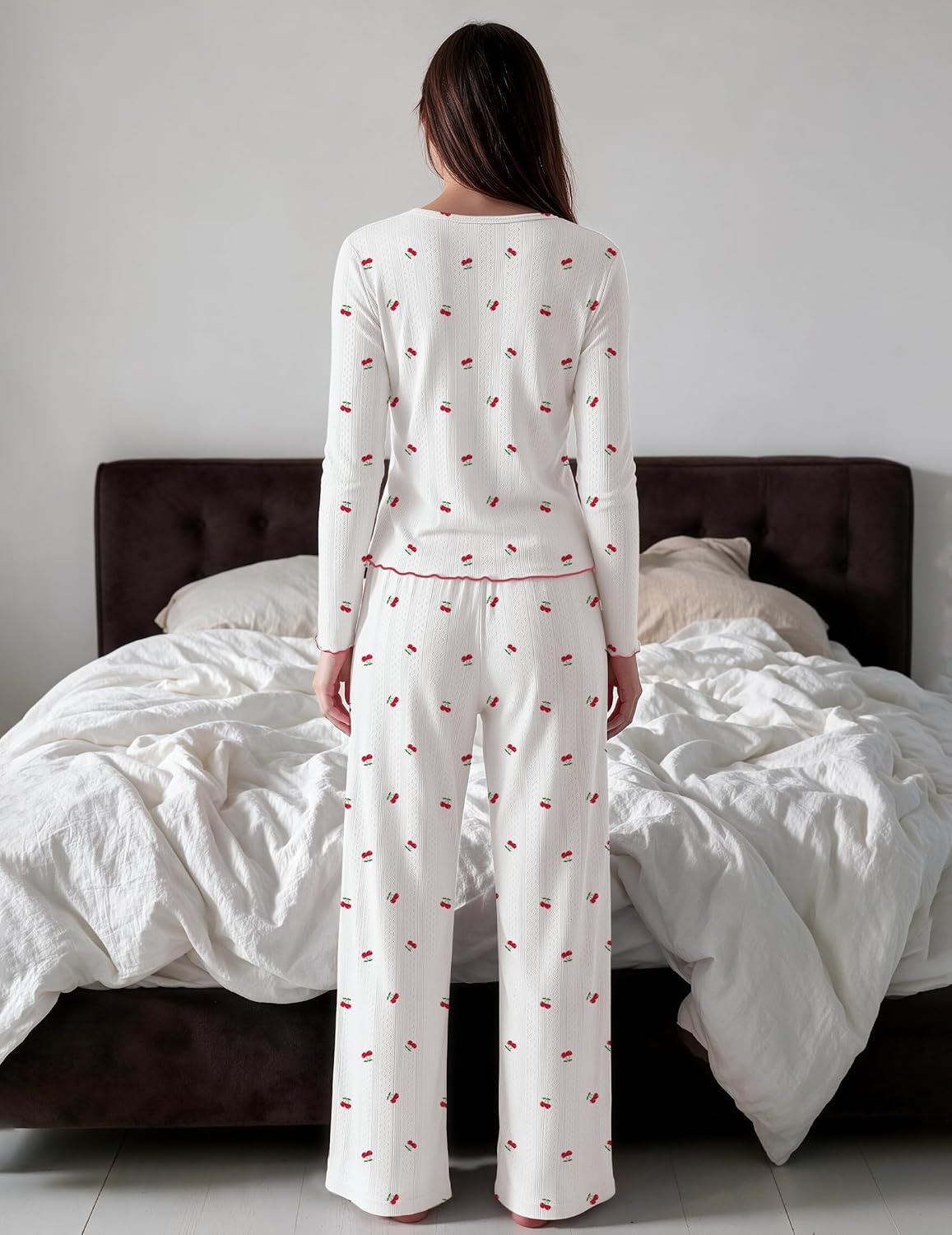 image:imageEkouaer Womens Long Sleeve Pajama Set Cozy 2 Piece PJS Matching SleepwearCherry White