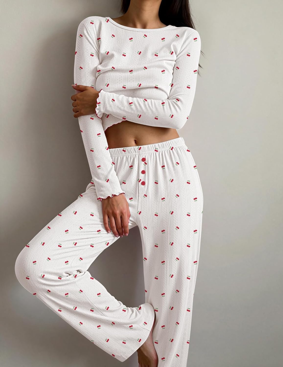 image:imageEkouaer Womens Long Sleeve Pajama Set Cozy 2 Piece PJS Matching SleepwearCherry White