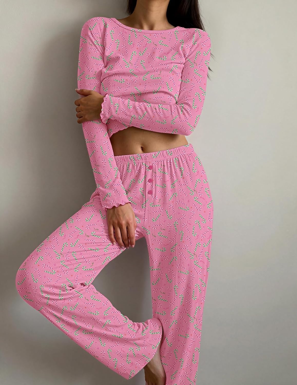 image:imageEkouaer Womens Long Sleeve Pajama Set Cozy 2 Piece PJS Matching SleepwearChristmas Cane