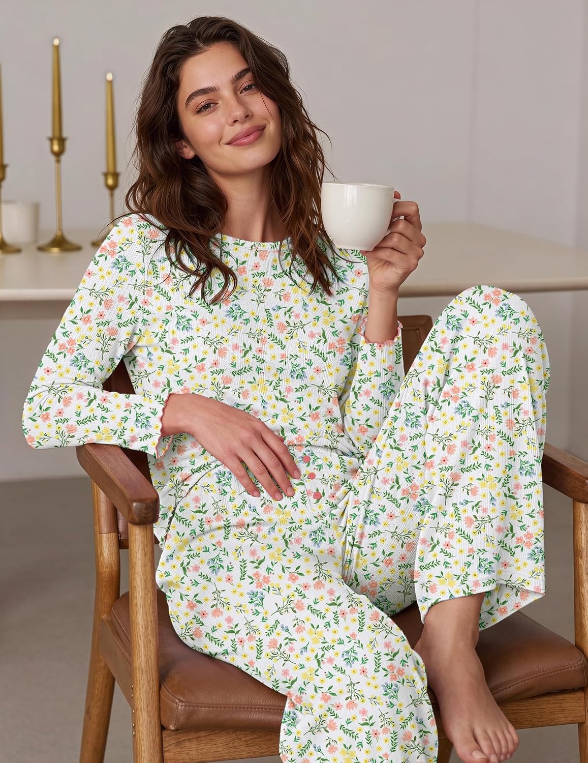 image:imageEkouaer Womens Long Sleeve Pajama Set Cozy 2 Piece PJS Matching SleepwearFloral