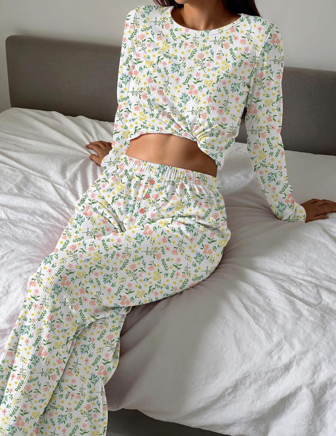 image:imageEkouaer Womens Long Sleeve Pajama Set Cozy 2 Piece PJS Matching SleepwearFloral