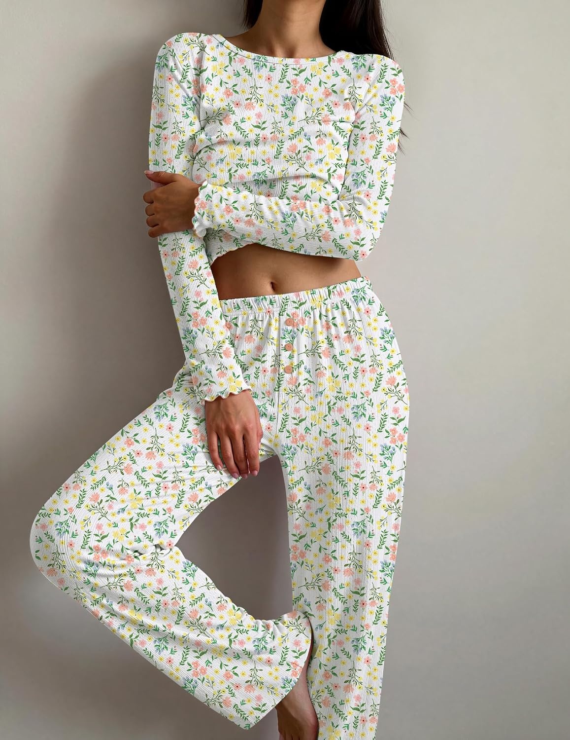 image:imageEkouaer Womens Long Sleeve Pajama Set Cozy 2 Piece PJS Matching SleepwearFloral
