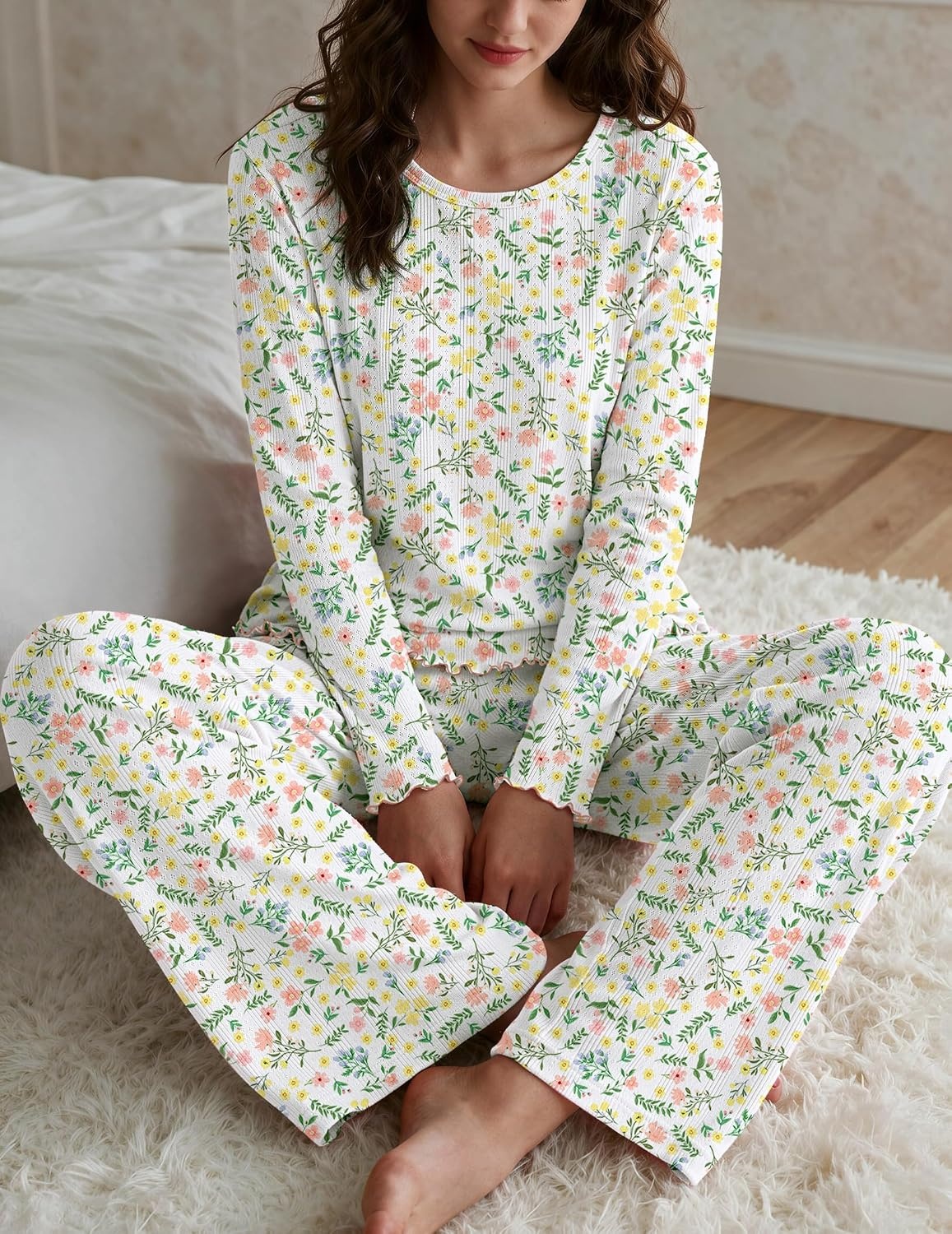 image:imageEkouaer Womens Long Sleeve Pajama Set Cozy 2 Piece PJS Matching SleepwearFloral