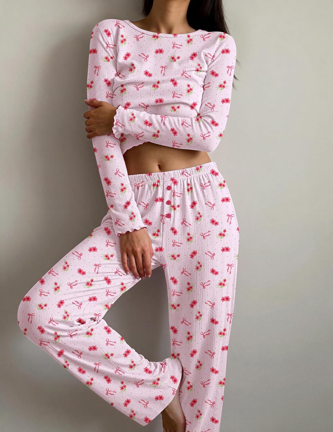 image:imageEkouaer Womens Long Sleeve Pajama Set Cozy 2 Piece PJS Matching SleepwearFlower Bow