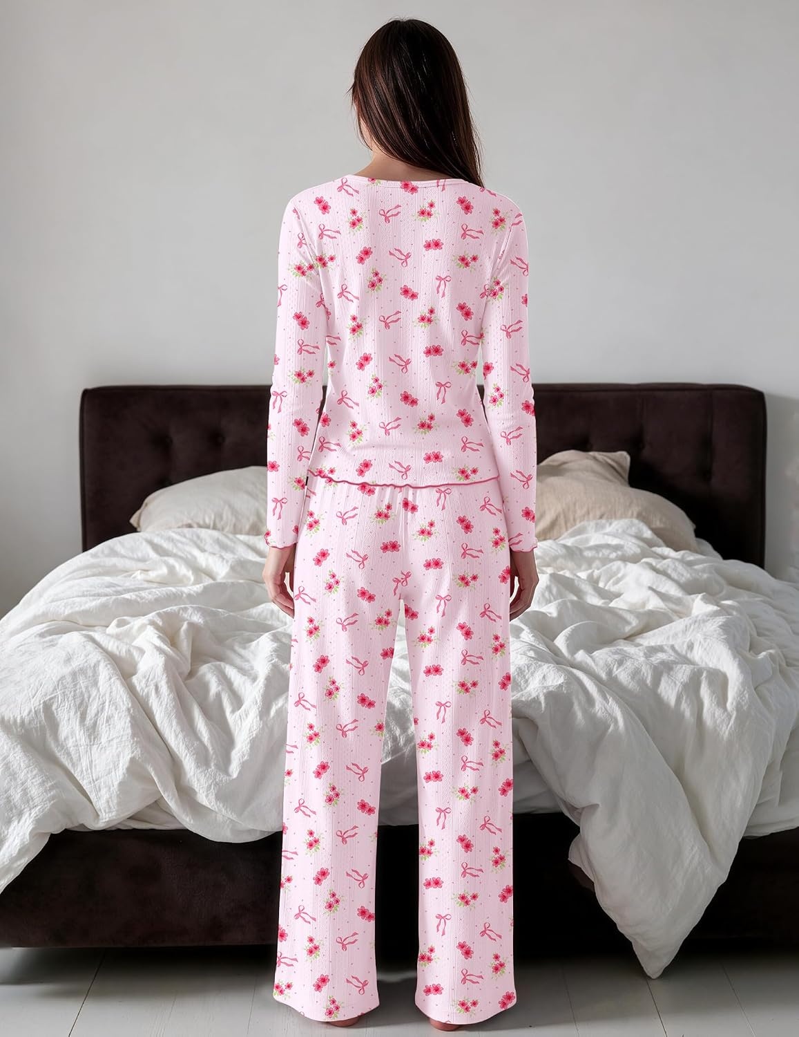 image:imageEkouaer Womens Long Sleeve Pajama Set Cozy 2 Piece PJS Matching SleepwearFlower Bow
