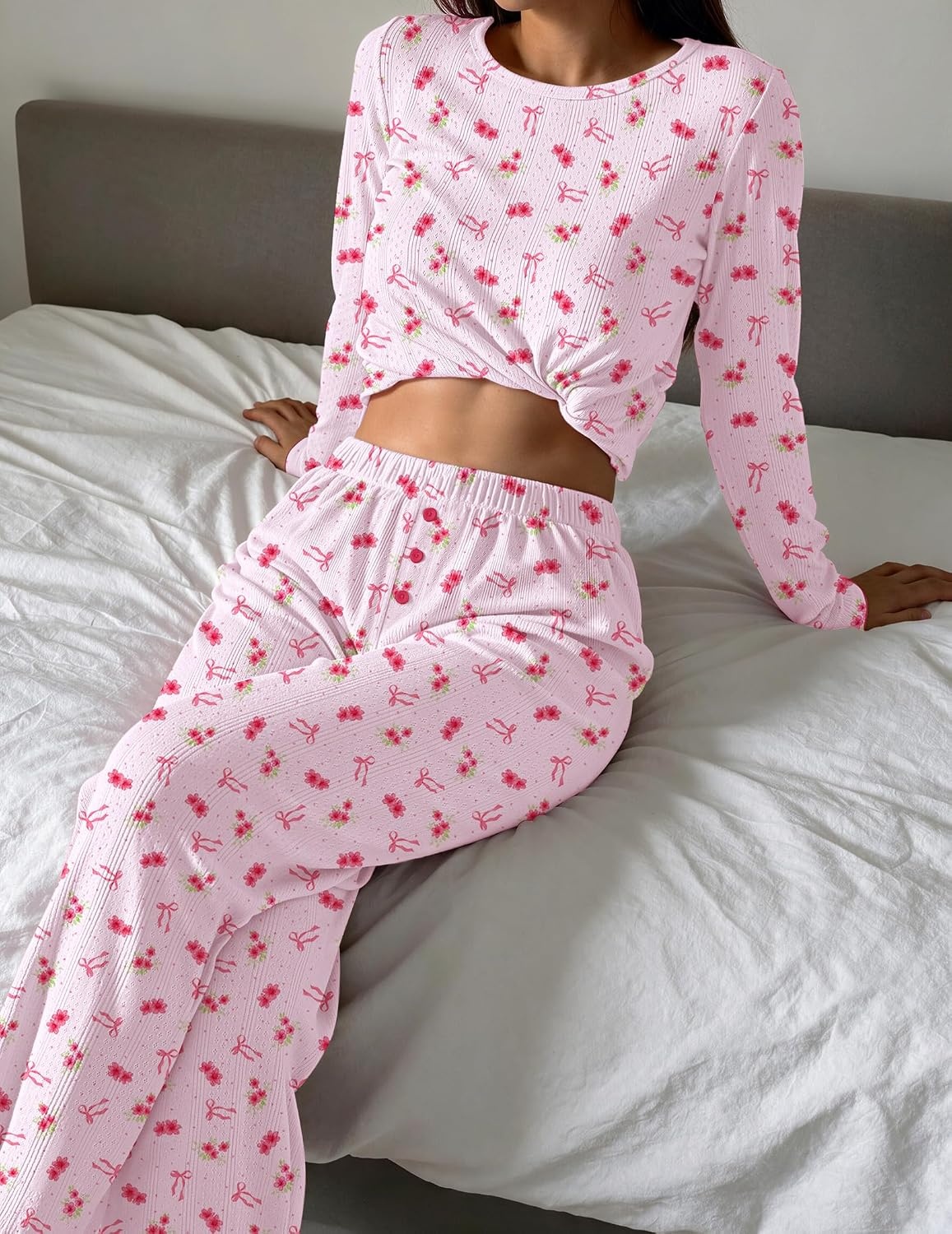 image:imageEkouaer Womens Long Sleeve Pajama Set Cozy 2 Piece PJS Matching SleepwearFlower Bow