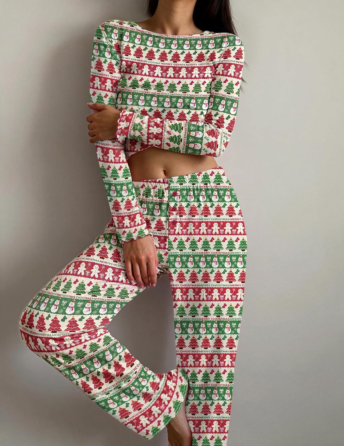 image:imageEkouaer Womens Long Sleeve Pajama Set Cozy 2 Piece PJS Matching SleepwearGingerbread Men