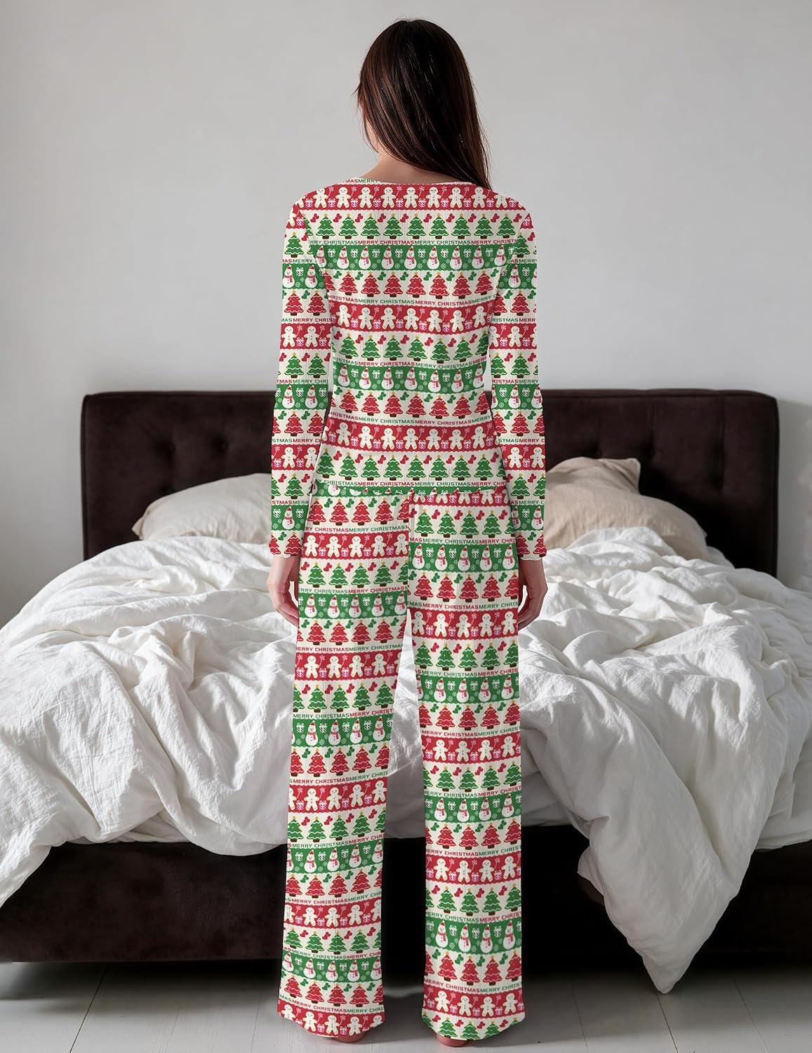 image:imageEkouaer Womens Long Sleeve Pajama Set Cozy 2 Piece PJS Matching SleepwearGingerbread Men