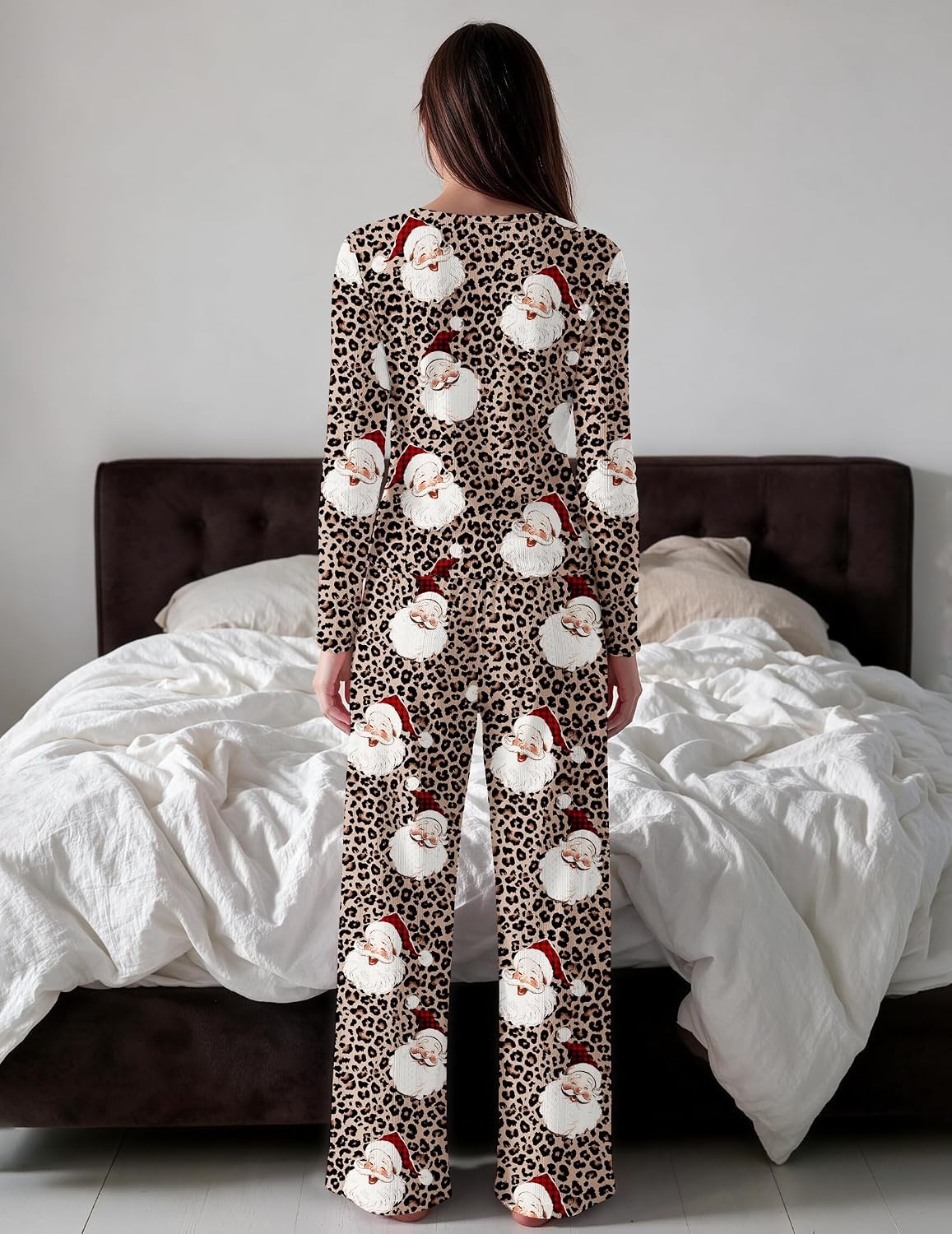 image:imageEkouaer Womens Long Sleeve Pajama Set Cozy 2 Piece PJS Matching SleepwearLeopard Santa