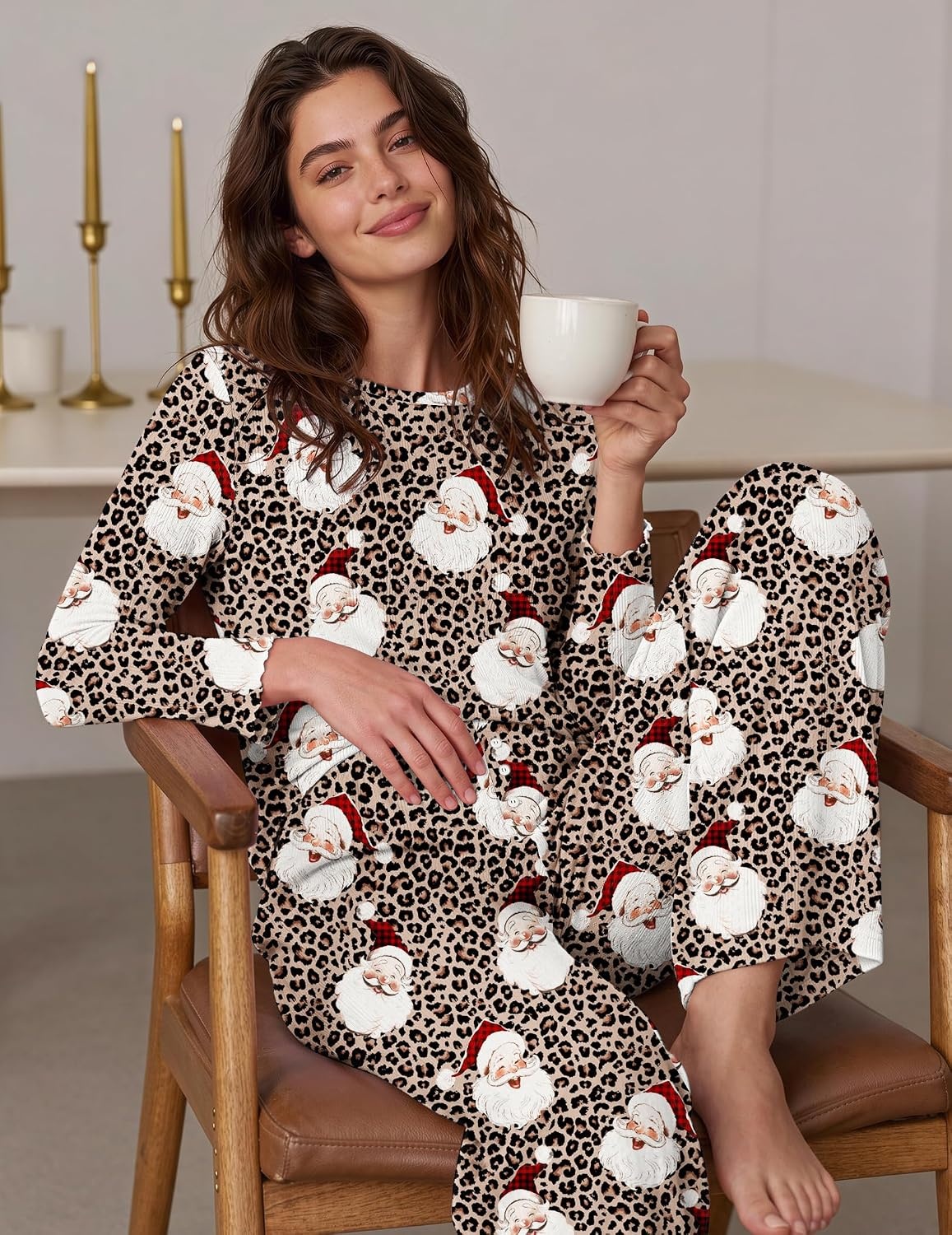 image:imageEkouaer Womens Long Sleeve Pajama Set Cozy 2 Piece PJS Matching SleepwearLeopard Santa