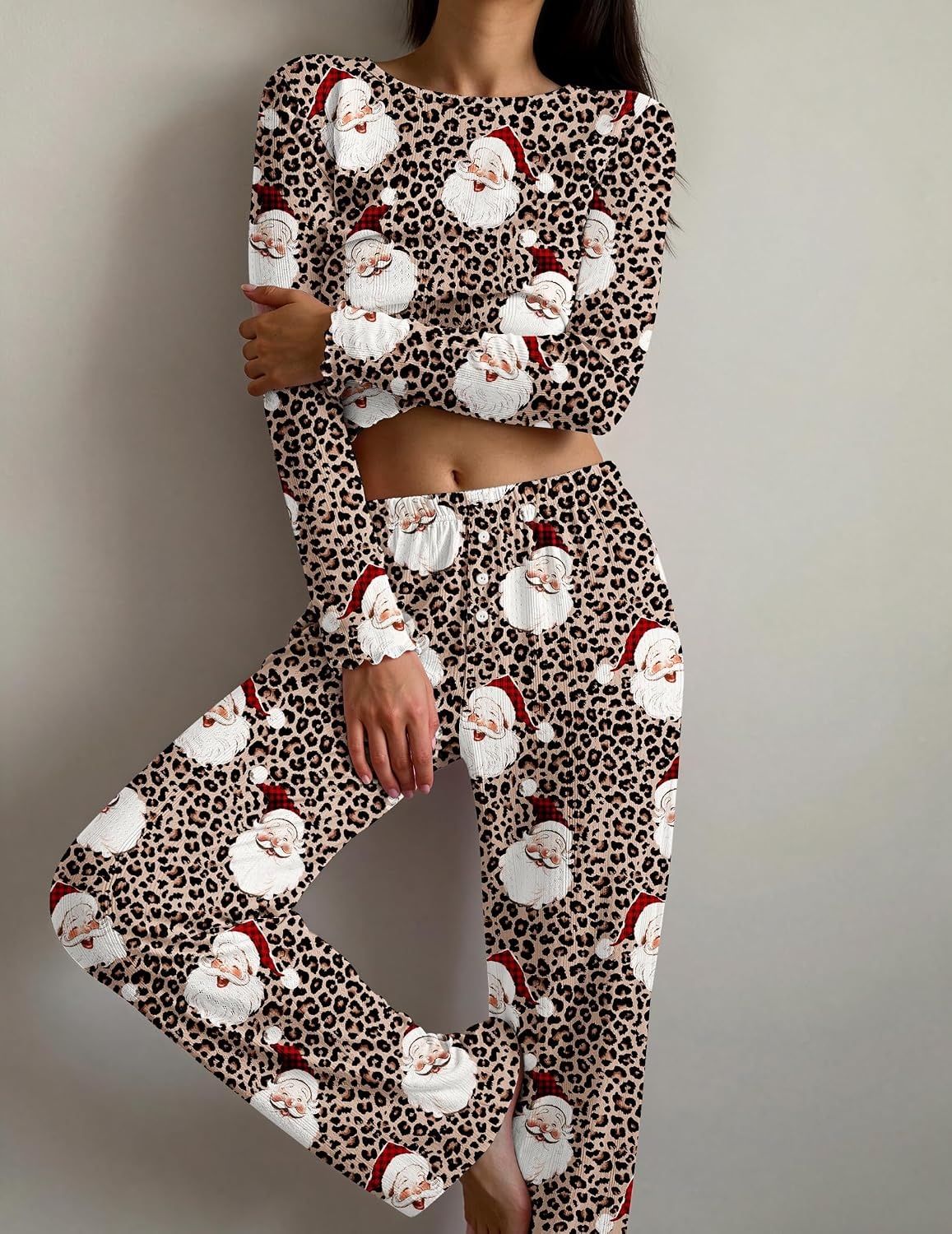 image:imageEkouaer Womens Long Sleeve Pajama Set Cozy 2 Piece PJS Matching SleepwearLeopard Santa