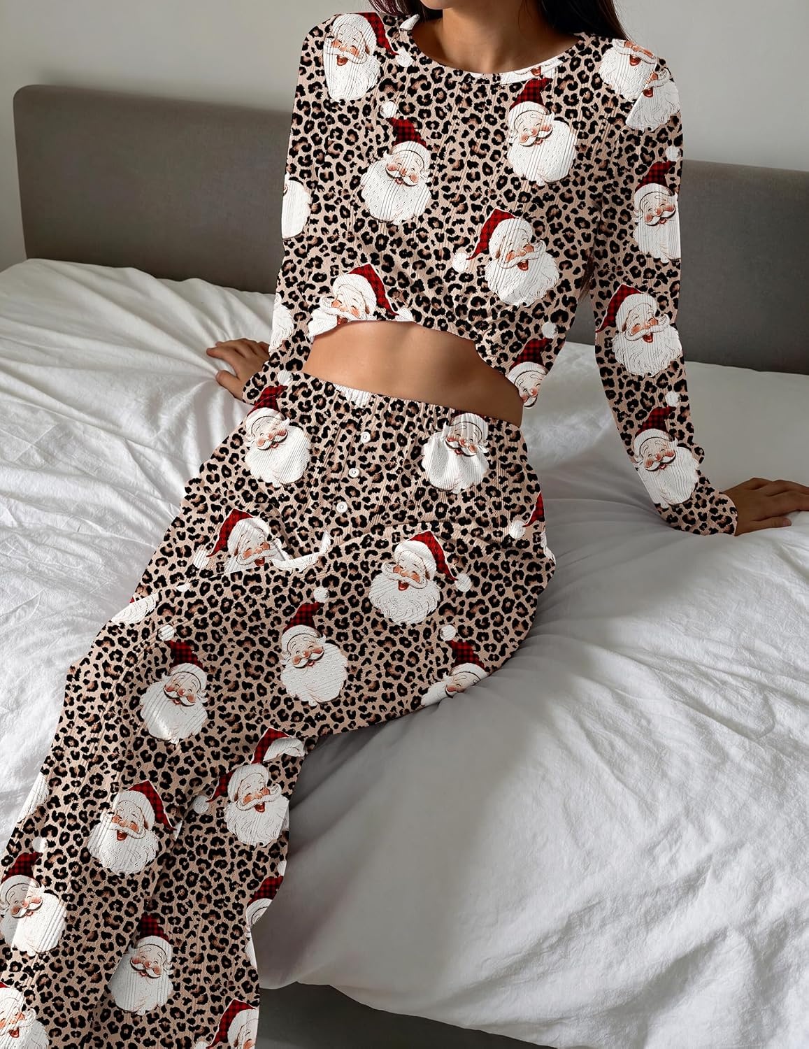 image:imageEkouaer Womens Long Sleeve Pajama Set Cozy 2 Piece PJS Matching SleepwearLeopard Santa
