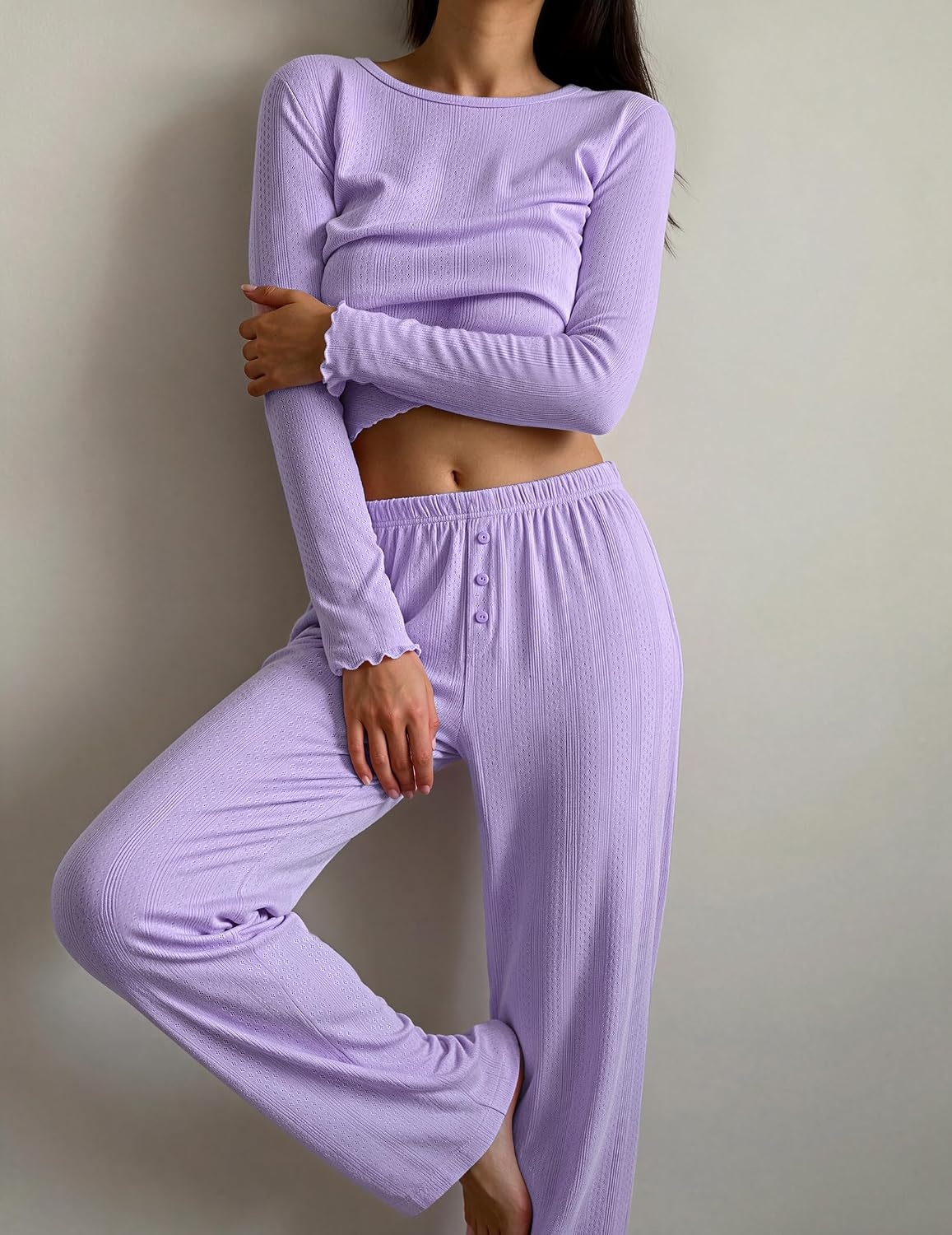 image:imageEkouaer Womens Long Sleeve Pajama Set Cozy 2 Piece PJS Matching SleepwearLilac