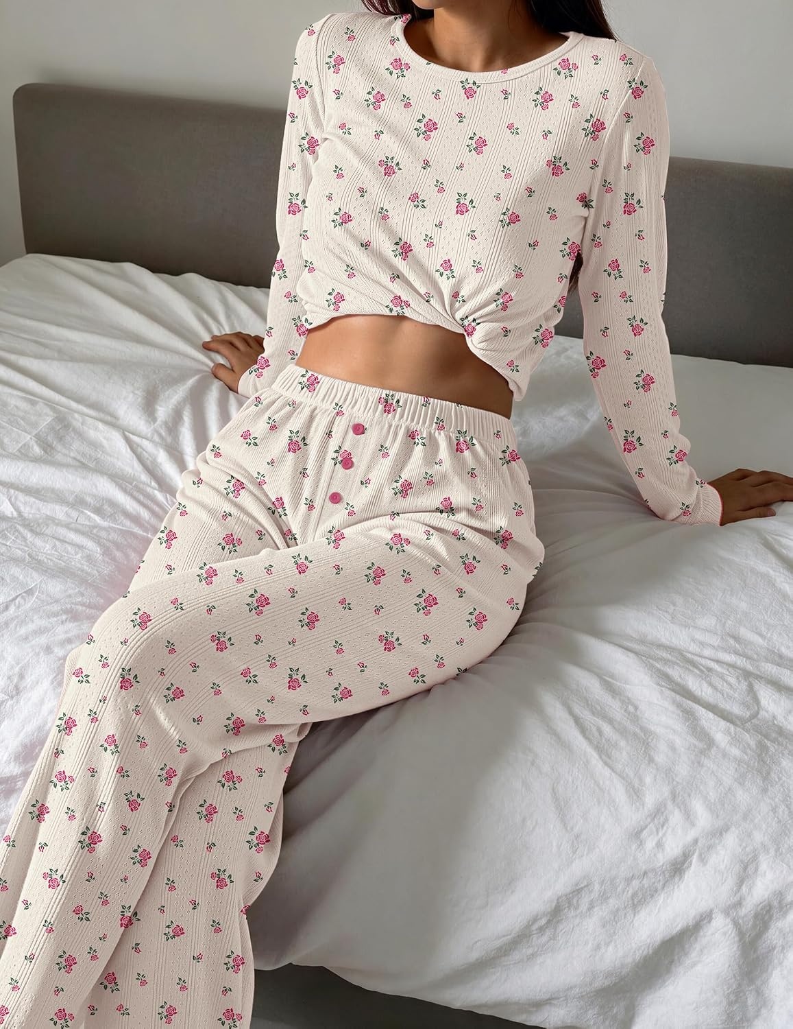 image:imageEkouaer Womens Long Sleeve Pajama Set Cozy 2 Piece PJS Matching SleepwearLittle Flower