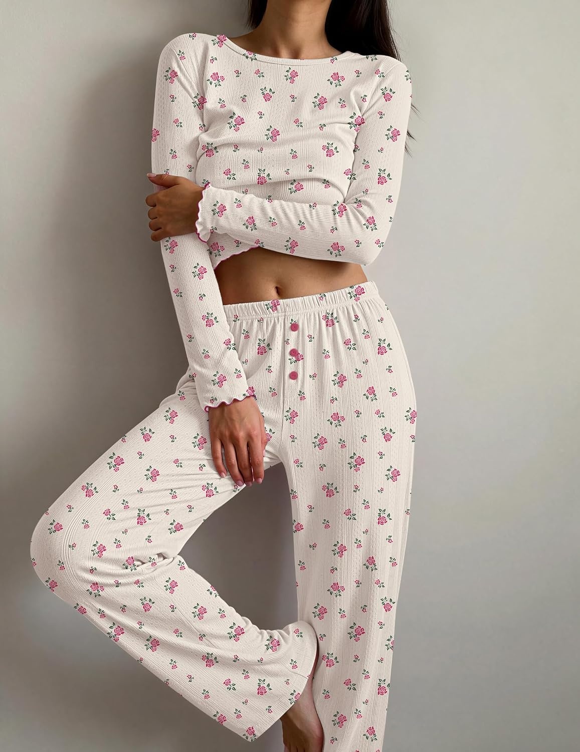 image:imageEkouaer Womens Long Sleeve Pajama Set Cozy 2 Piece PJS Matching SleepwearLittle Flower