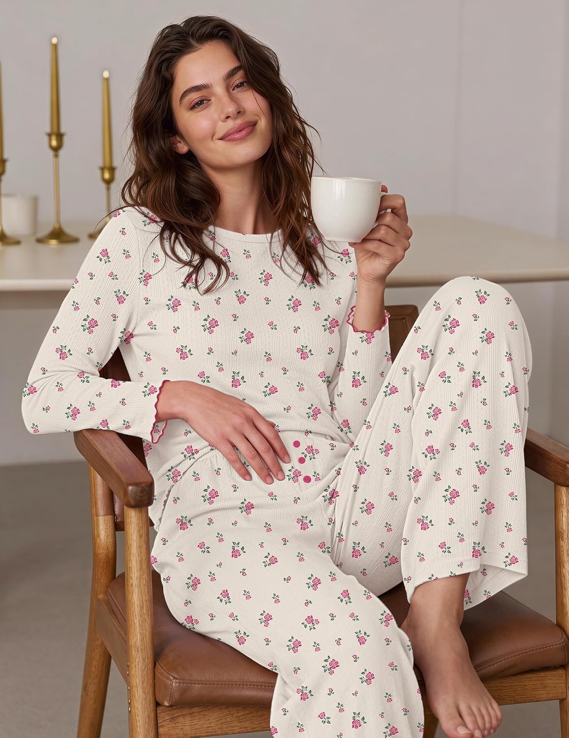 image:imageEkouaer Womens Long Sleeve Pajama Set Cozy 2 Piece PJS Matching SleepwearLittle Flower