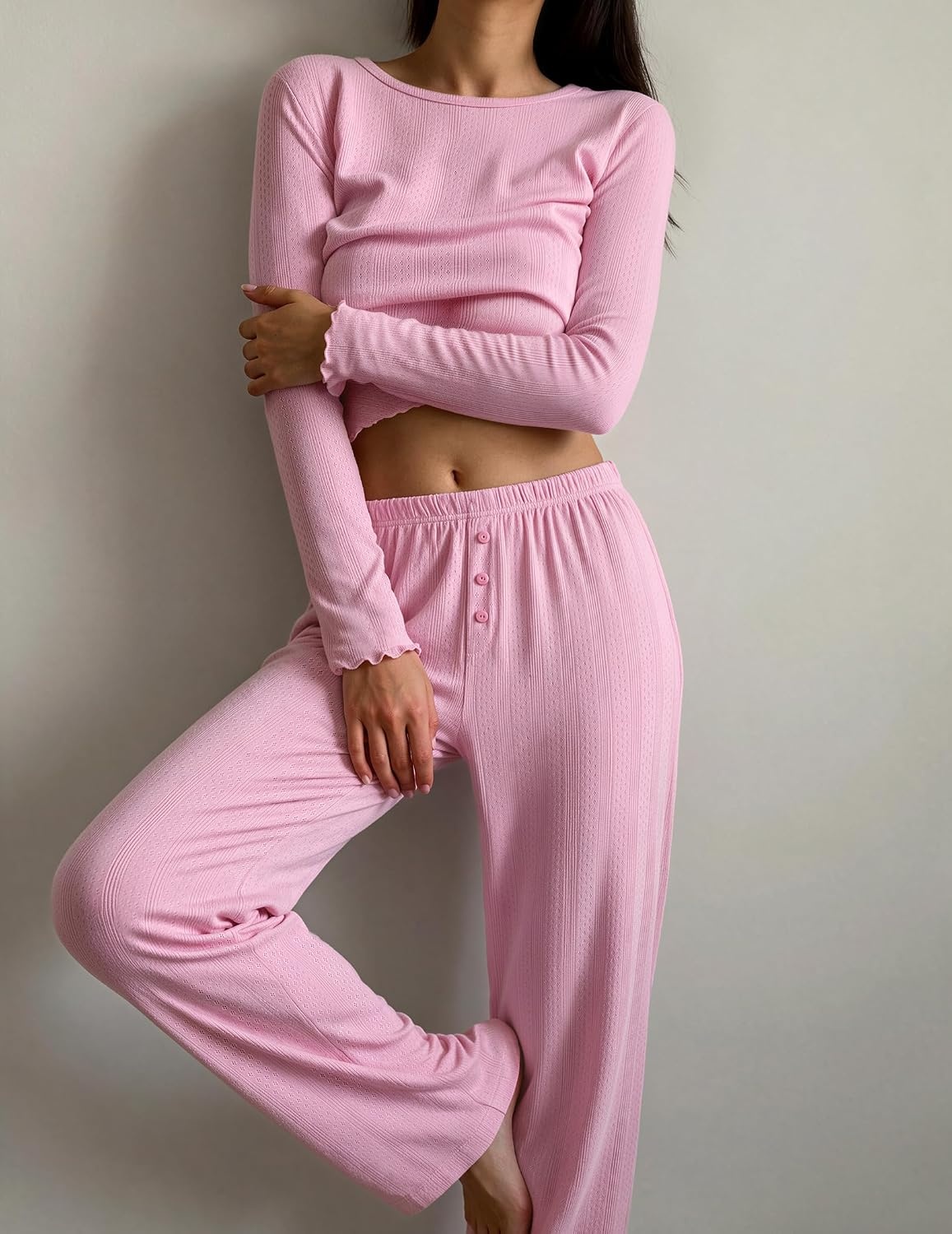 image:imageEkouaer Womens Long Sleeve Pajama Set Cozy 2 Piece PJS Matching SleepwearPink