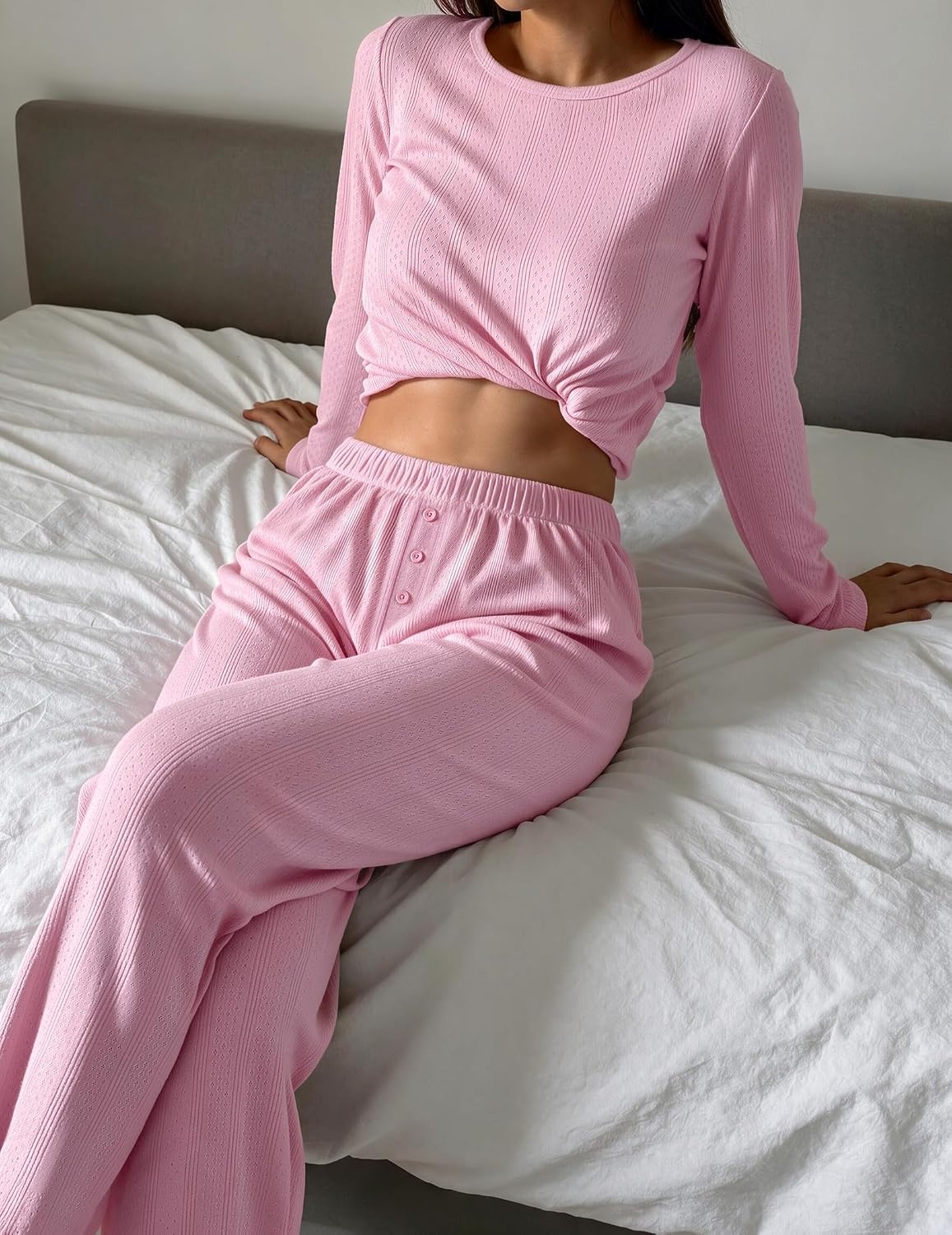 image:imageEkouaer Womens Long Sleeve Pajama Set Cozy 2 Piece PJS Matching SleepwearPink
