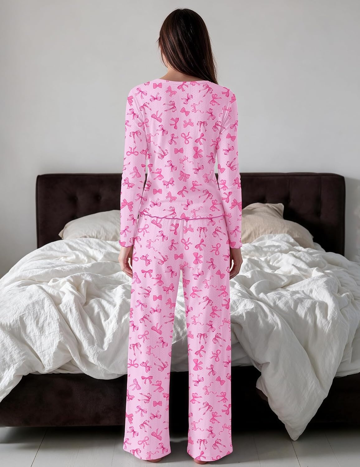 image:imageEkouaer Womens Long Sleeve Pajama Set Cozy 2 Piece PJS Matching SleepwearPink Bow