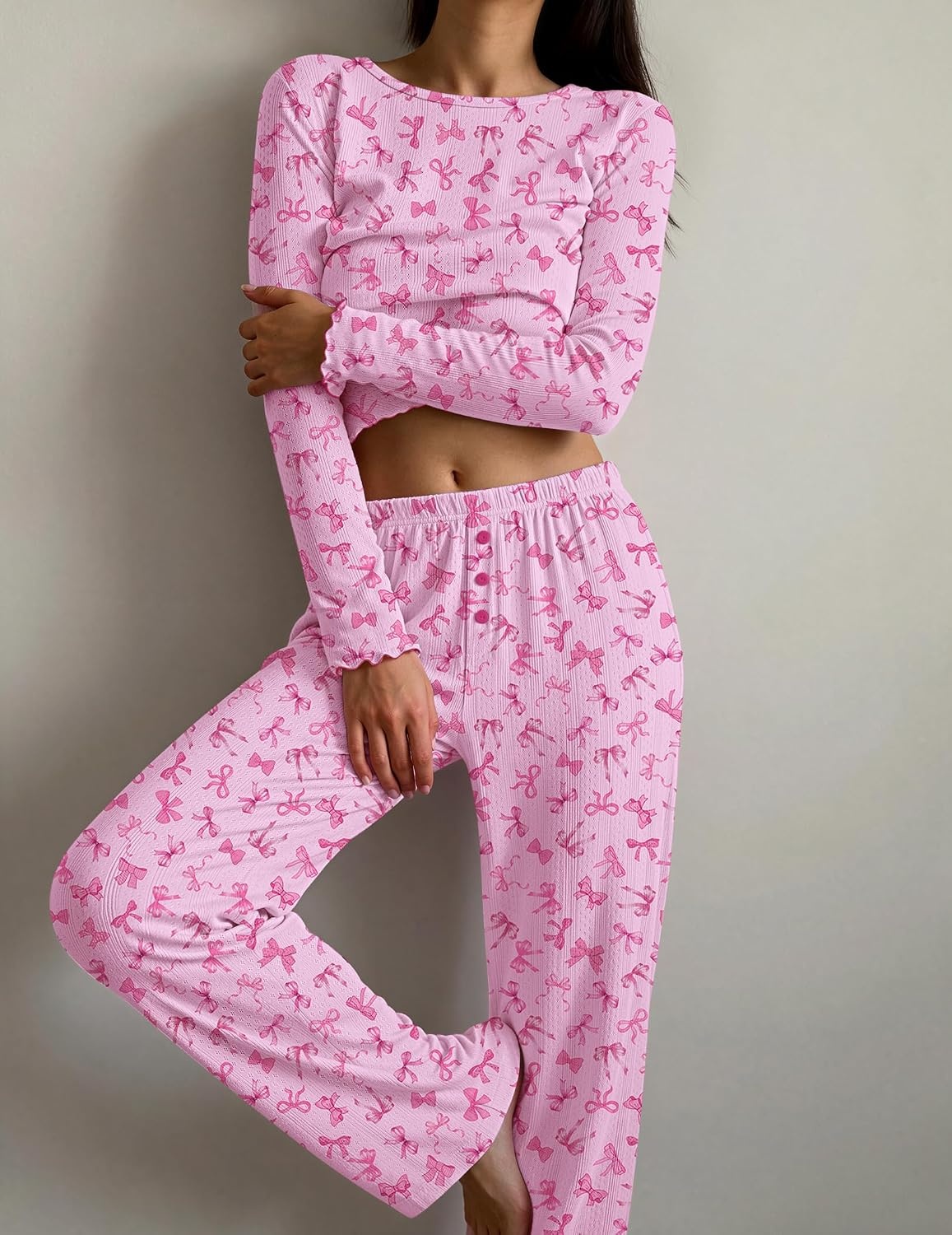 image:imageEkouaer Womens Long Sleeve Pajama Set Cozy 2 Piece PJS Matching SleepwearPink Bow