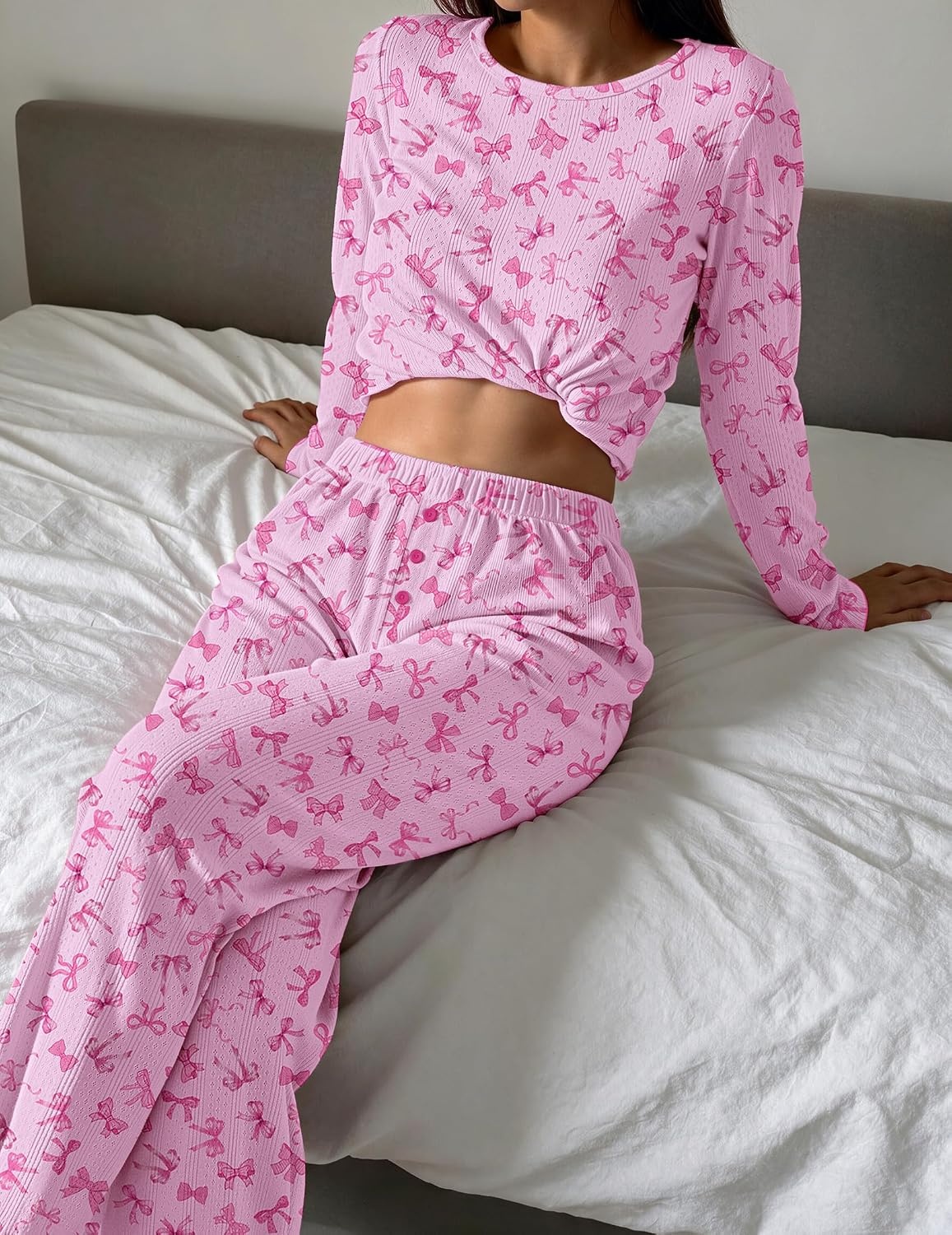 image:imageEkouaer Womens Long Sleeve Pajama Set Cozy 2 Piece PJS Matching SleepwearPink Bow