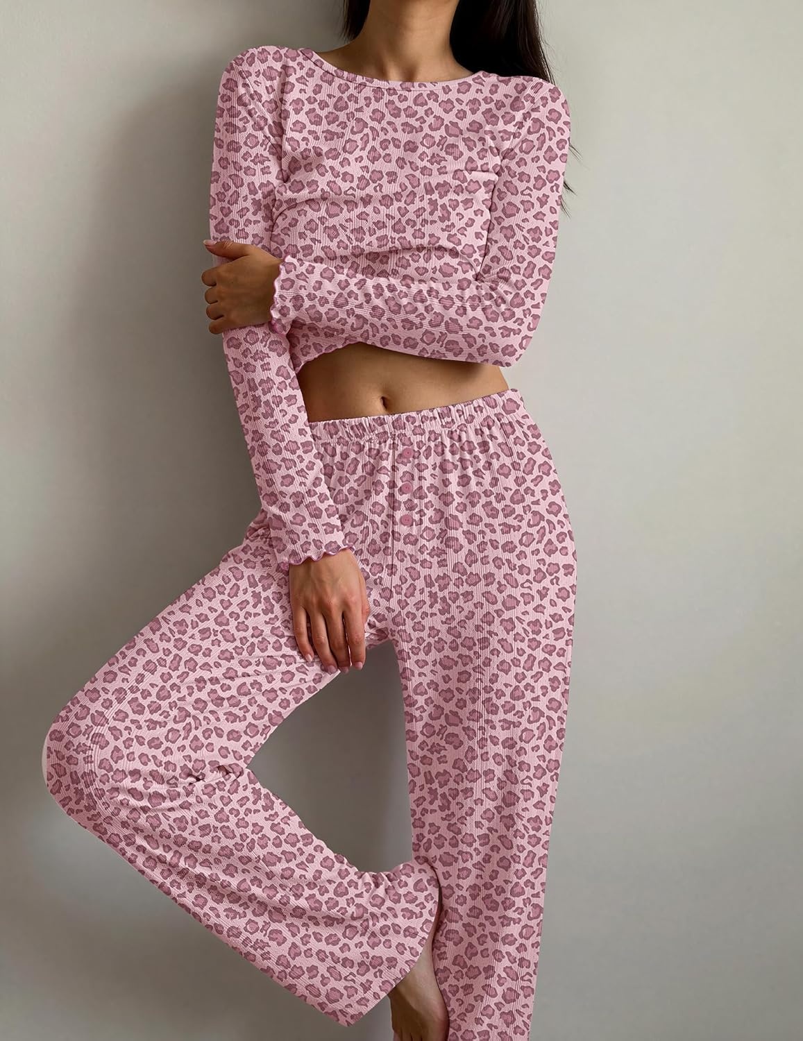 image:imageEkouaer Womens Long Sleeve Pajama Set Cozy 2 Piece PJS Matching SleepwearPink Leopard