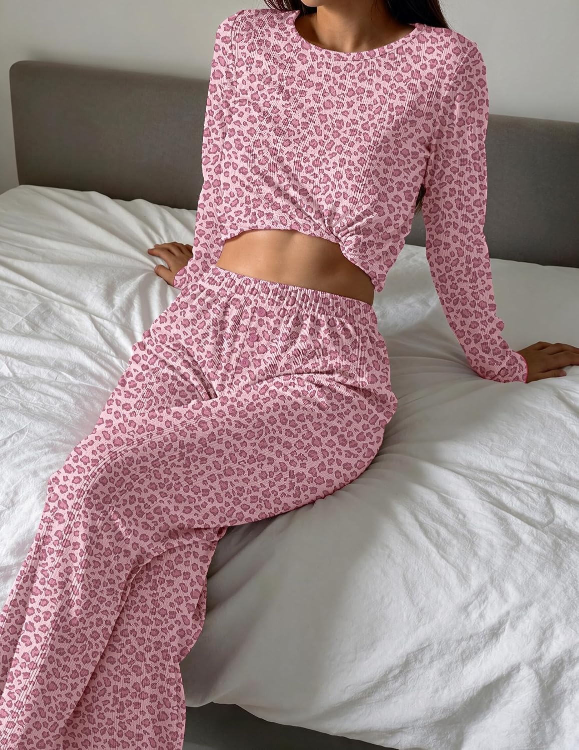 image:imageEkouaer Womens Long Sleeve Pajama Set Cozy 2 Piece PJS Matching SleepwearPink Leopard