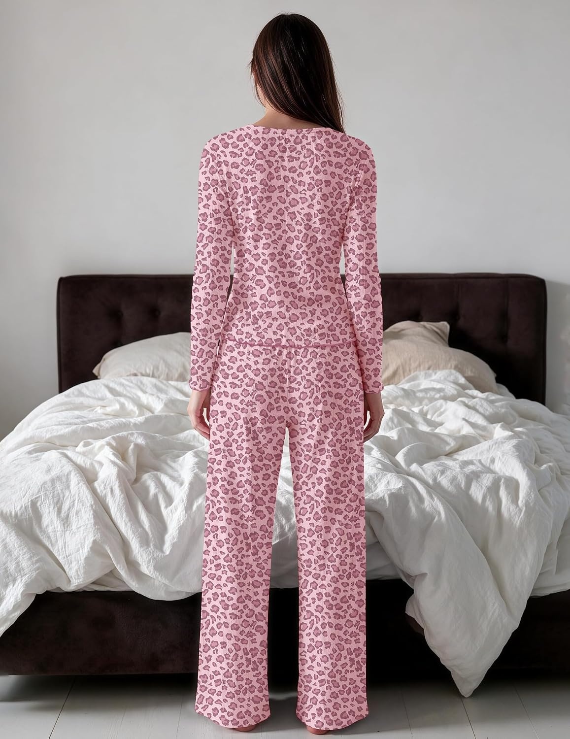 image:imageEkouaer Womens Long Sleeve Pajama Set Cozy 2 Piece PJS Matching SleepwearPink Leopard