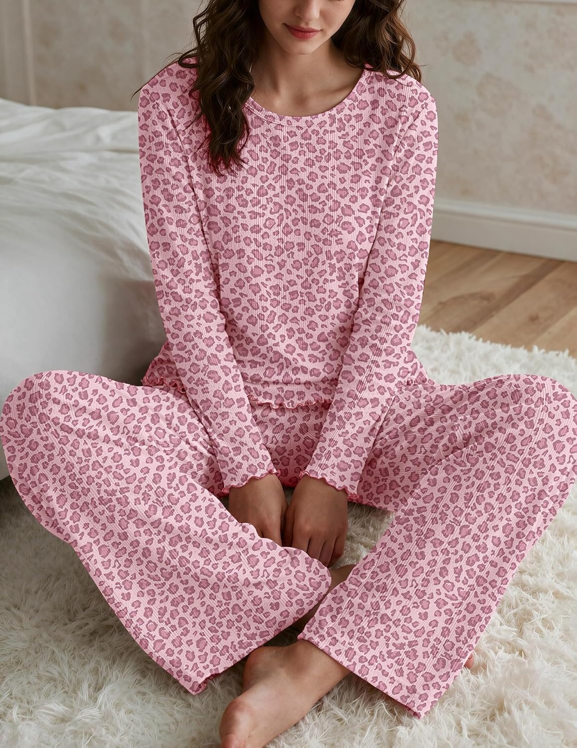 image:imageEkouaer Womens Long Sleeve Pajama Set Cozy 2 Piece PJS Matching SleepwearPink Leopard